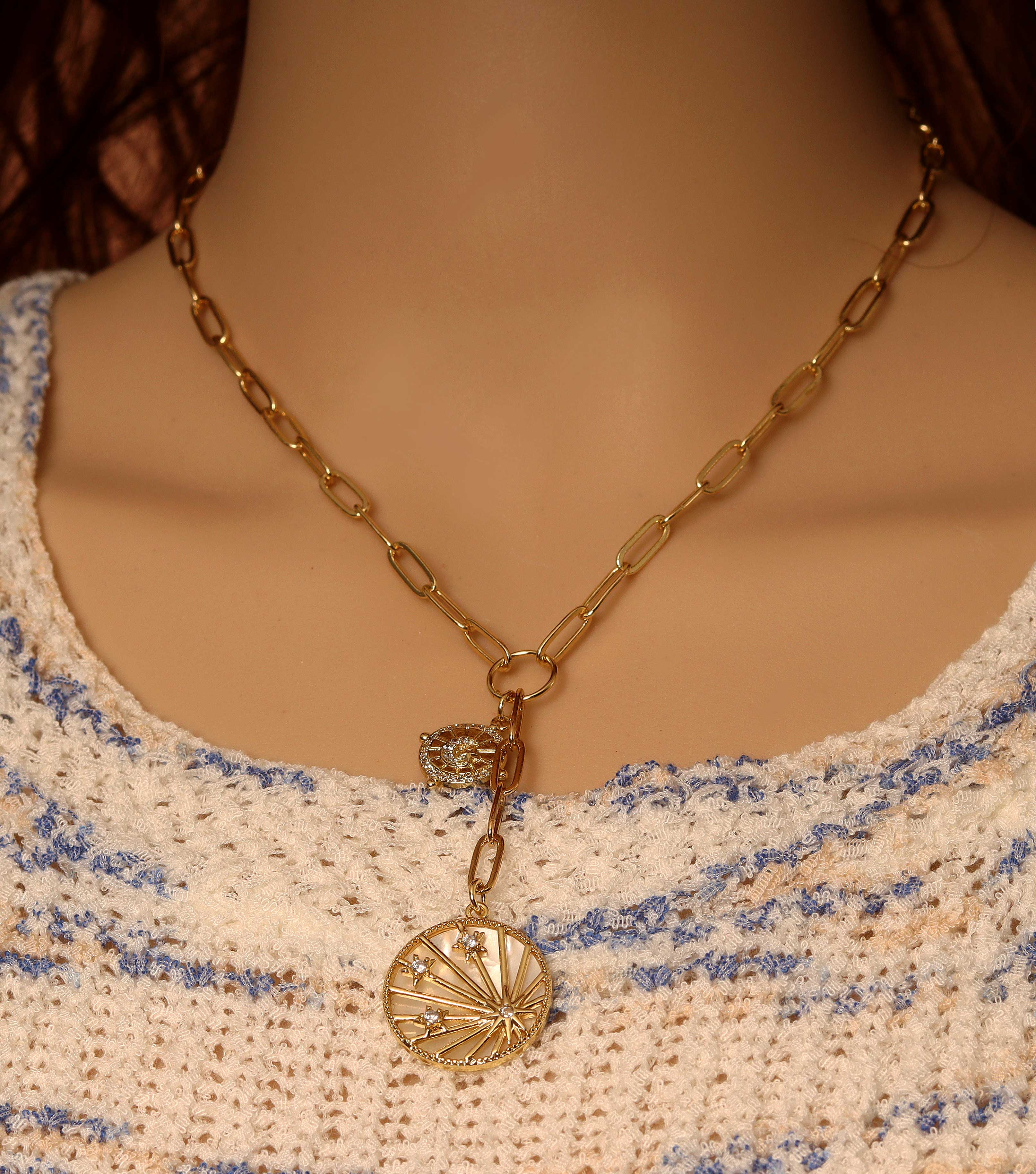 Paperclip Chain Drop Necklace with Multi Charms, sku#EF168
