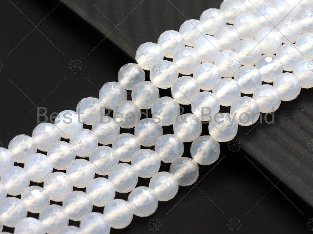 High Quality Natural Milky White Agate Beads, Round Faceted 6mm/8mm/10mm/12mm White Agate Beads, 15.5" Full Strand, Sku#U569