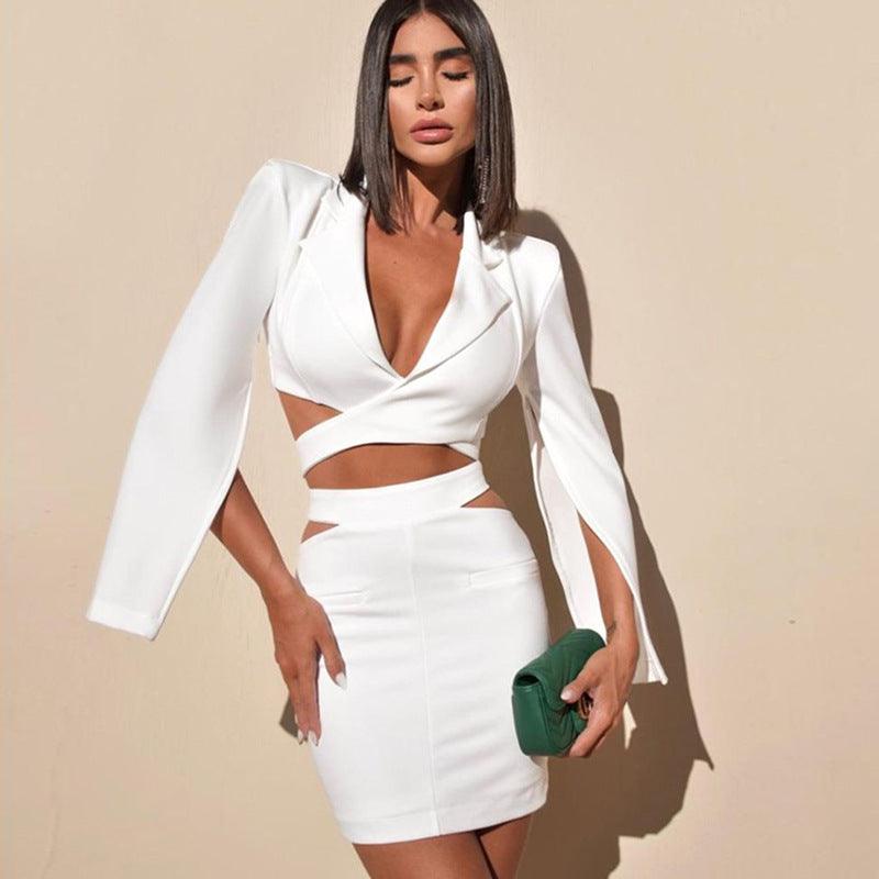 Ensemble tailleur chic blanc col en V