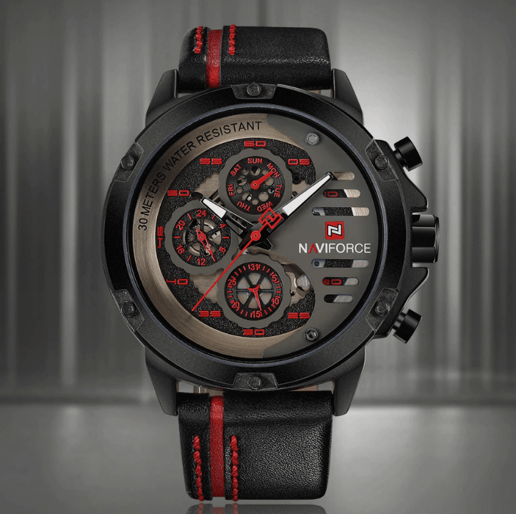 Montre de Sport Étanche Homme avec Chronomètres et Bracelet en Cuir Montre-Bracelet Multifonction Design Unique Cadeau Parfait