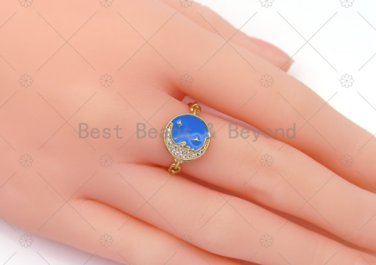 CZ Micro Pave Cresent Moon Star On Enamel Round Coin Adjustable Ring, 18K Gold Filled Oval Link Open Ring, Statement Ring, Sku#JD15