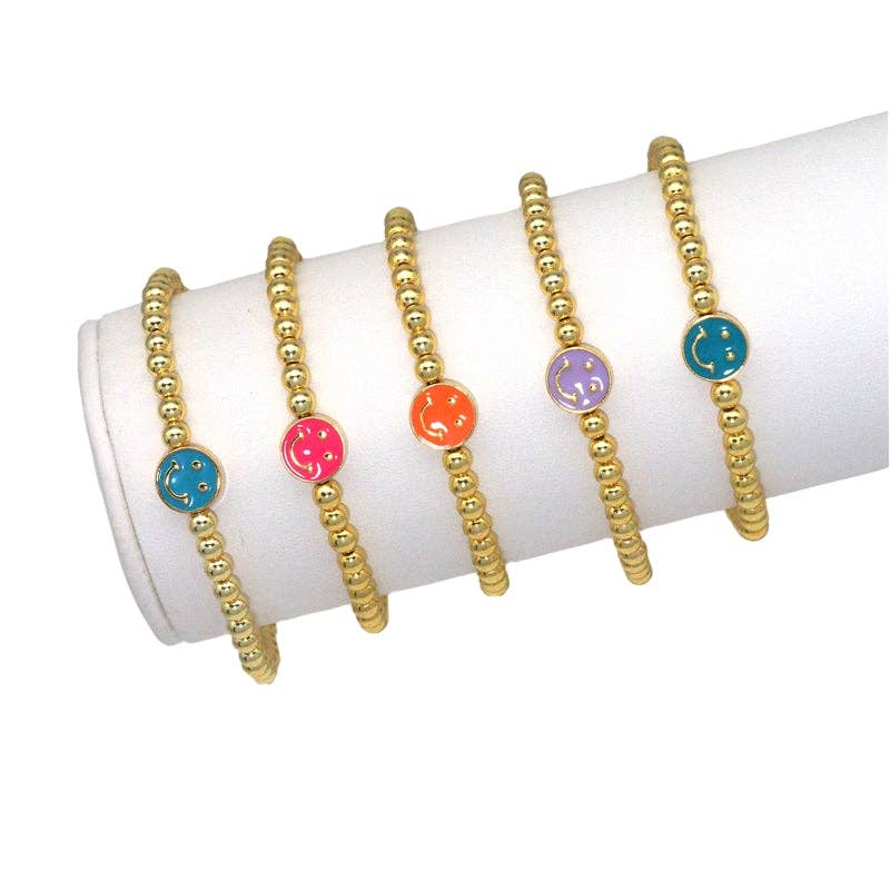 CZ Enamel Smiley Face Gold Hematite Bracelet, Sku#EF148