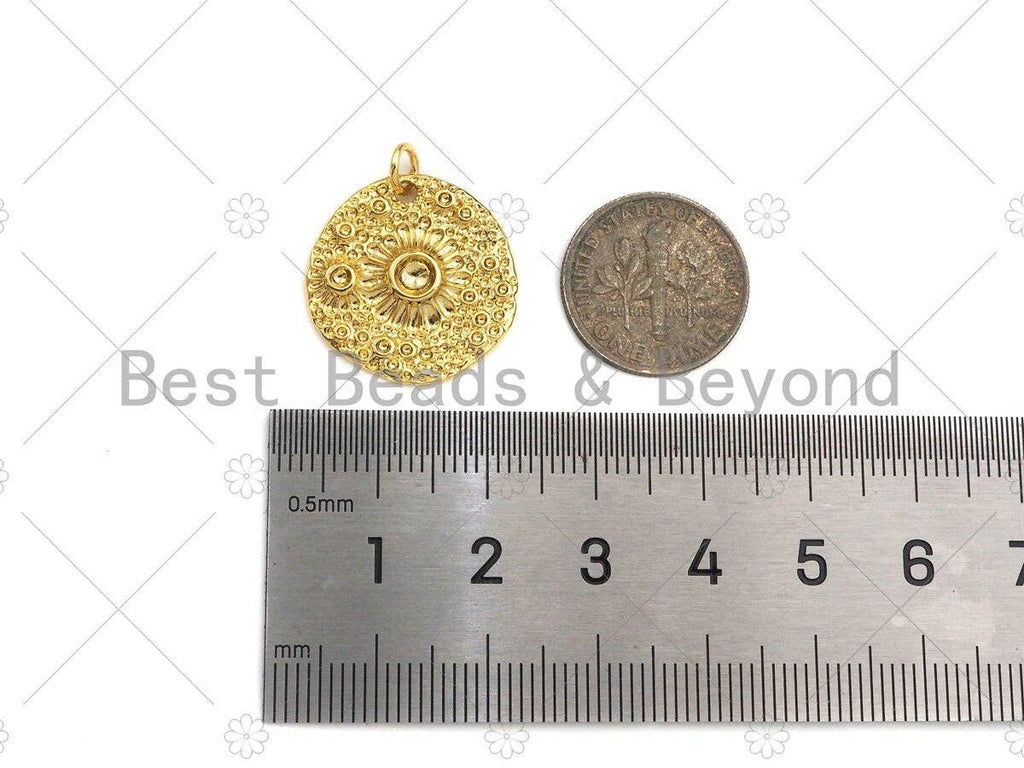 CZ Micro Pave Daisy Flower On Rugged Round Coin Pendant/Charm,Cubic Zirconia Charm, Necklace Bracelet Charm Pendant,20x20mm, Sku#Y358