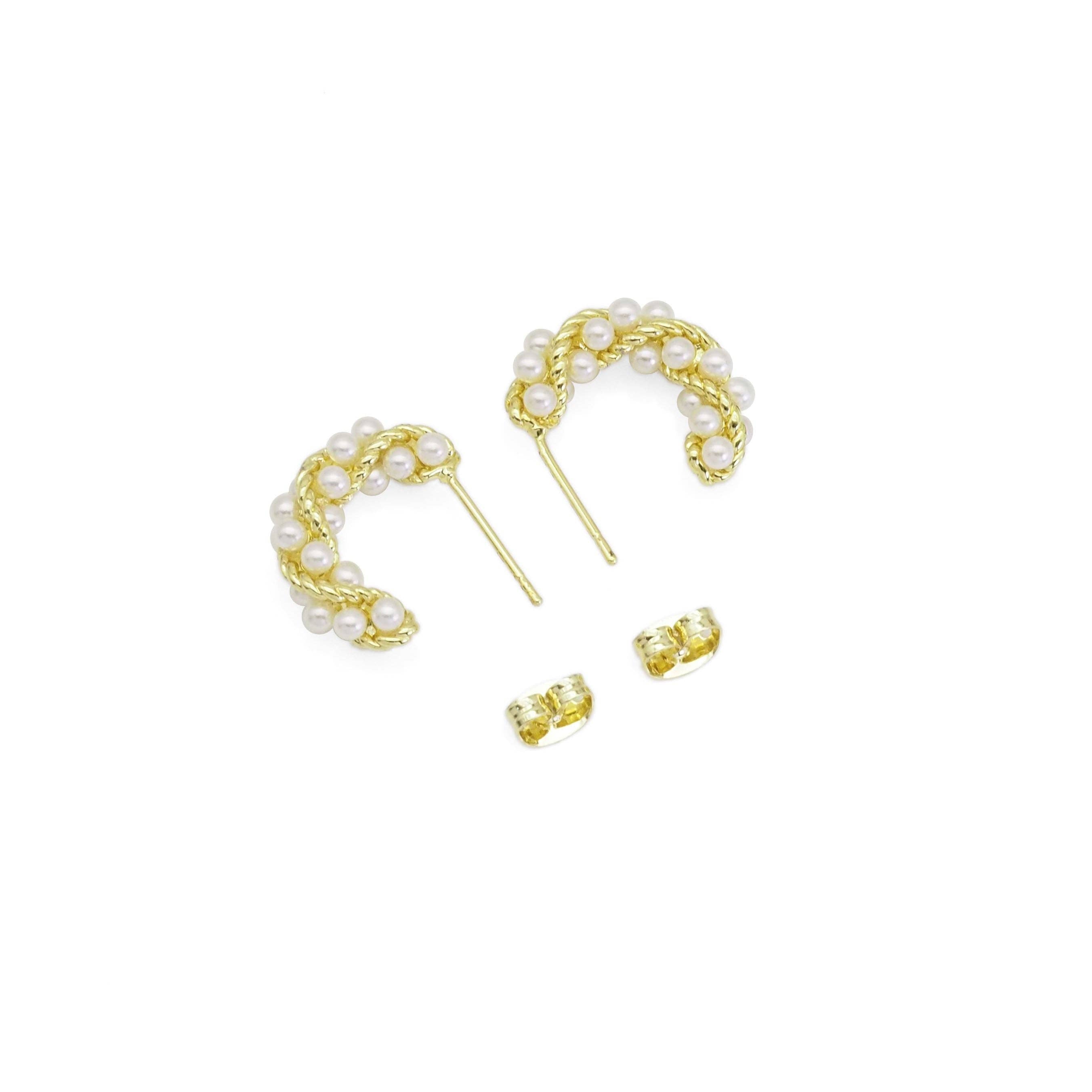 Gold Twisted White Pearl C Hoop Earrings, Sku#LX394