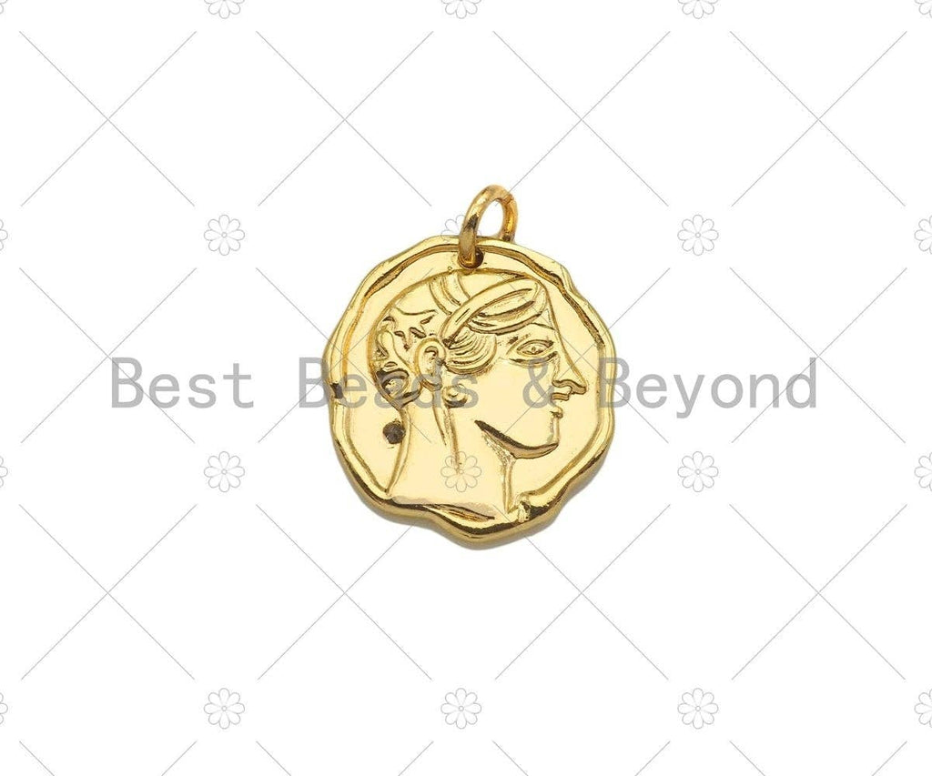 CZ Micro Pave Owl with Lady Head on the other Side Coin Shape Pendant,14K Gold Medallion Charm,Necklace Bracelet Charm,16x18mm,Sku#ZX02