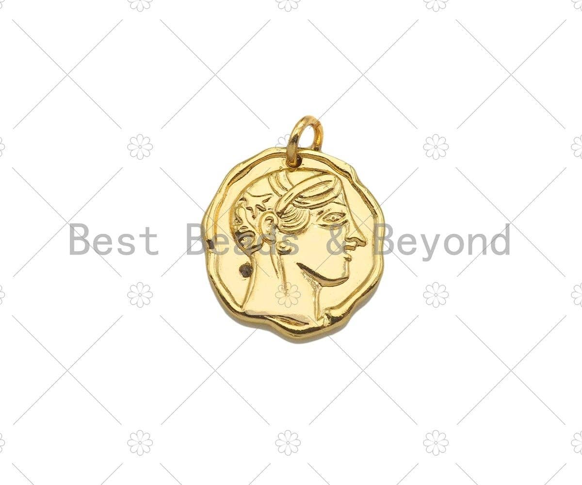 CZ Micro Pave Owl with Lady Head on the other Side Coin Shape Pendant,14K Gold Medallion Charm,Necklace Bracelet Charm,16x18mm,Sku#ZX02