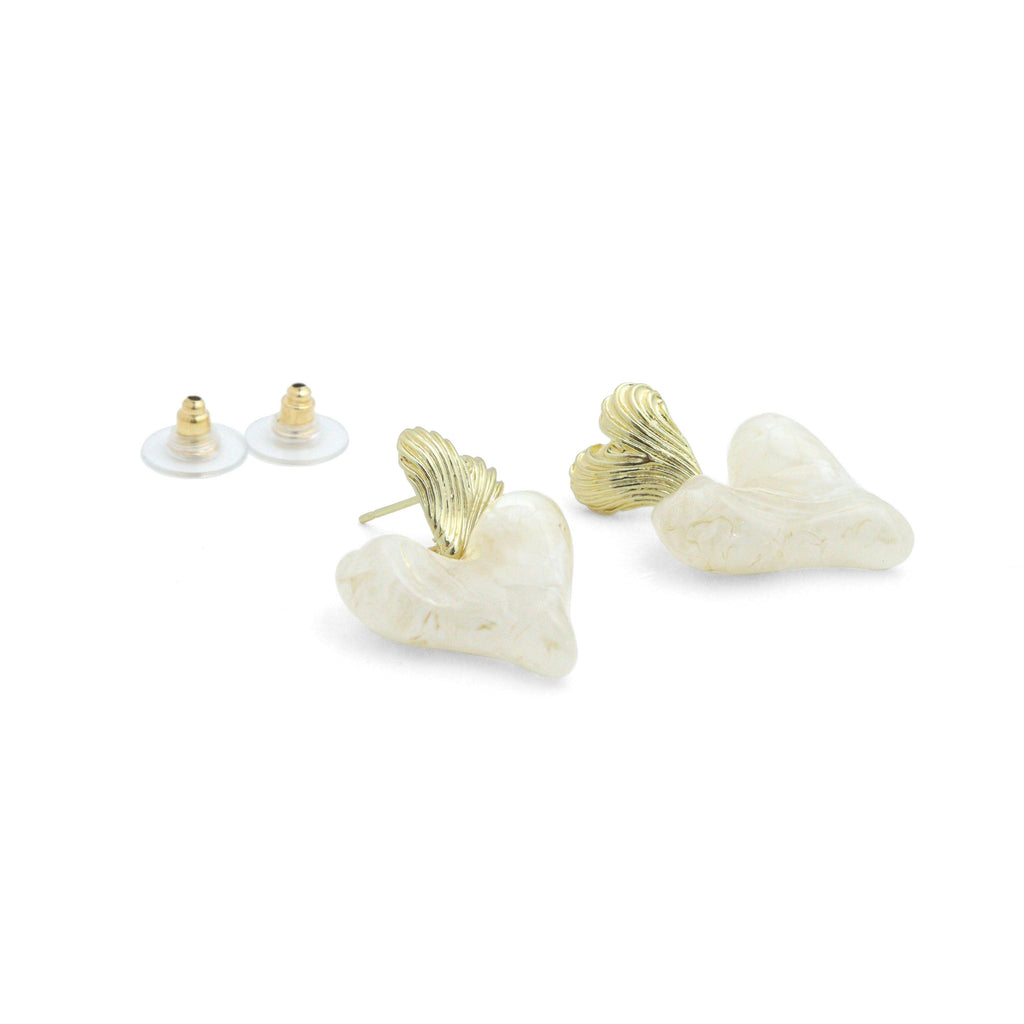 White Heart Brown Square Statement Earrings, Sku#O122