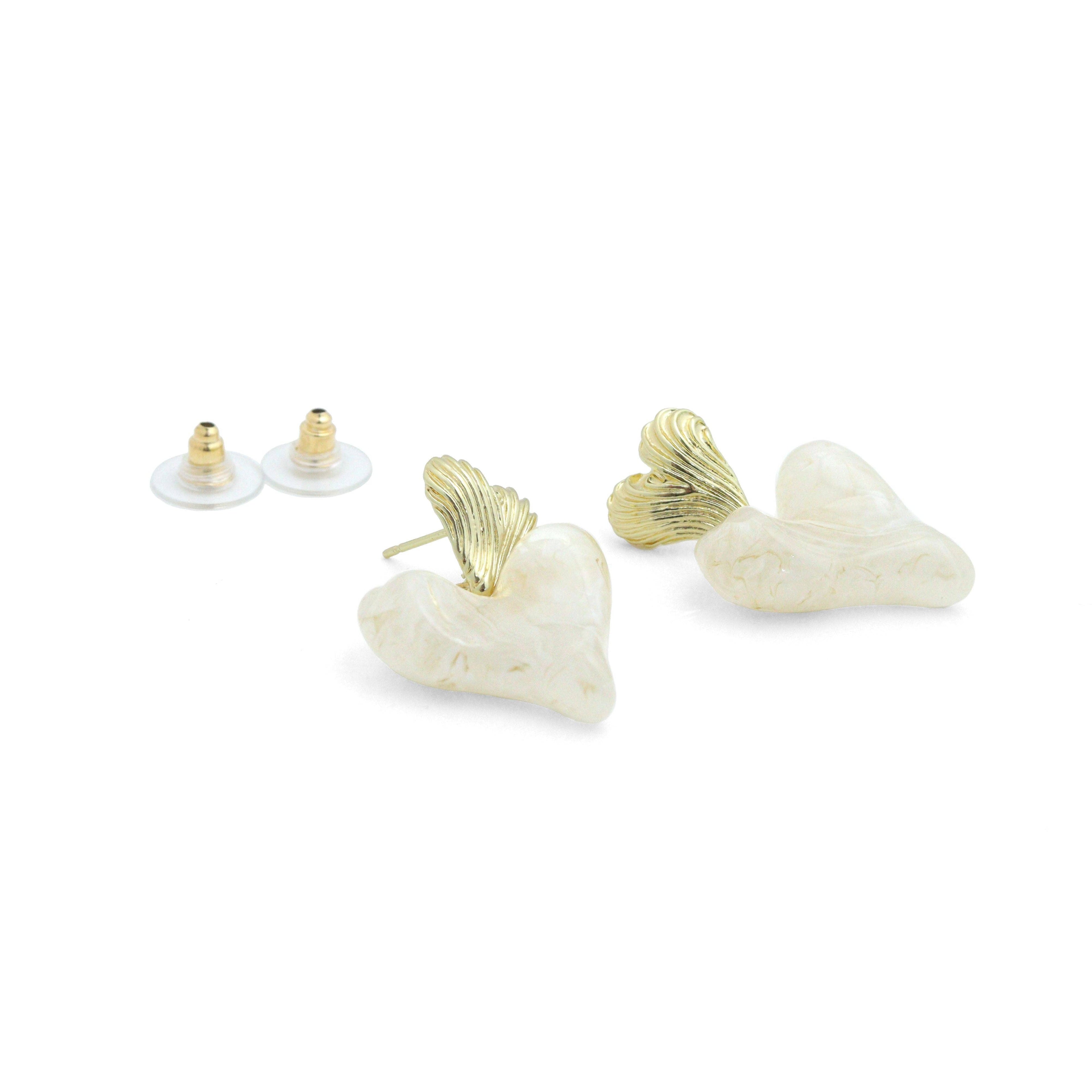 White Heart Brown Square Statement Earrings, Sku#O122