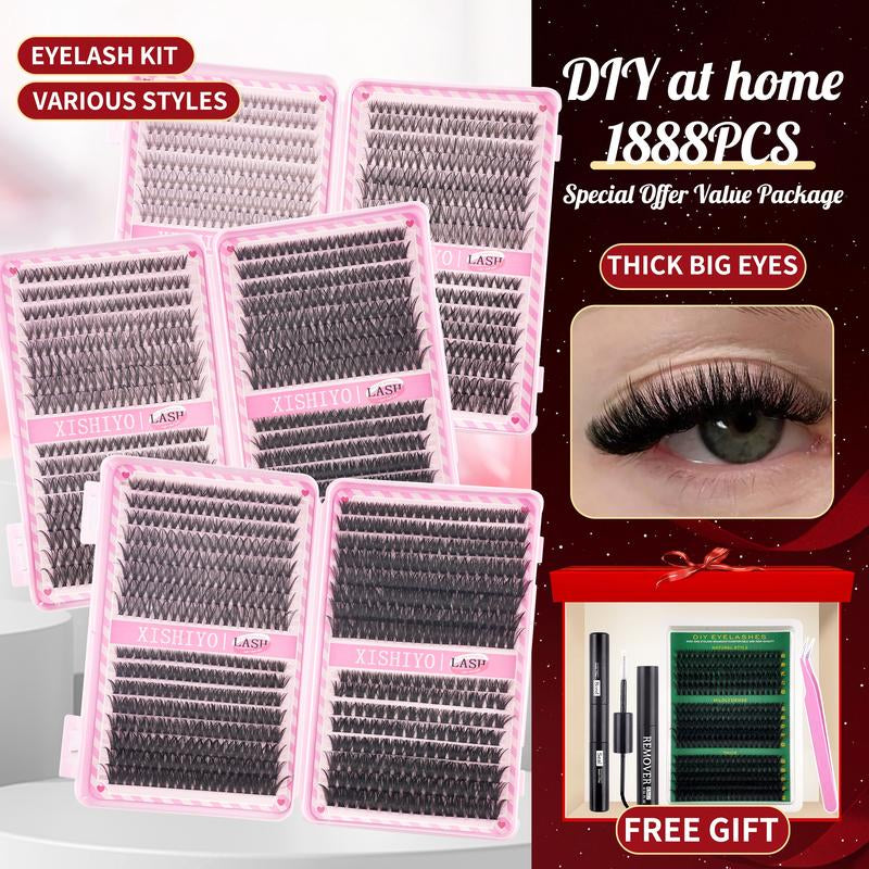 1712PCS Eyelash Cluster Kit, Dense Long Curl Lashes DIY Lash Clusters DIY Extension Set, Multiple Lengths, Includes Bond&Seal &Remove&Eyelash Tweezers &Brush D Curl（Ss02）
