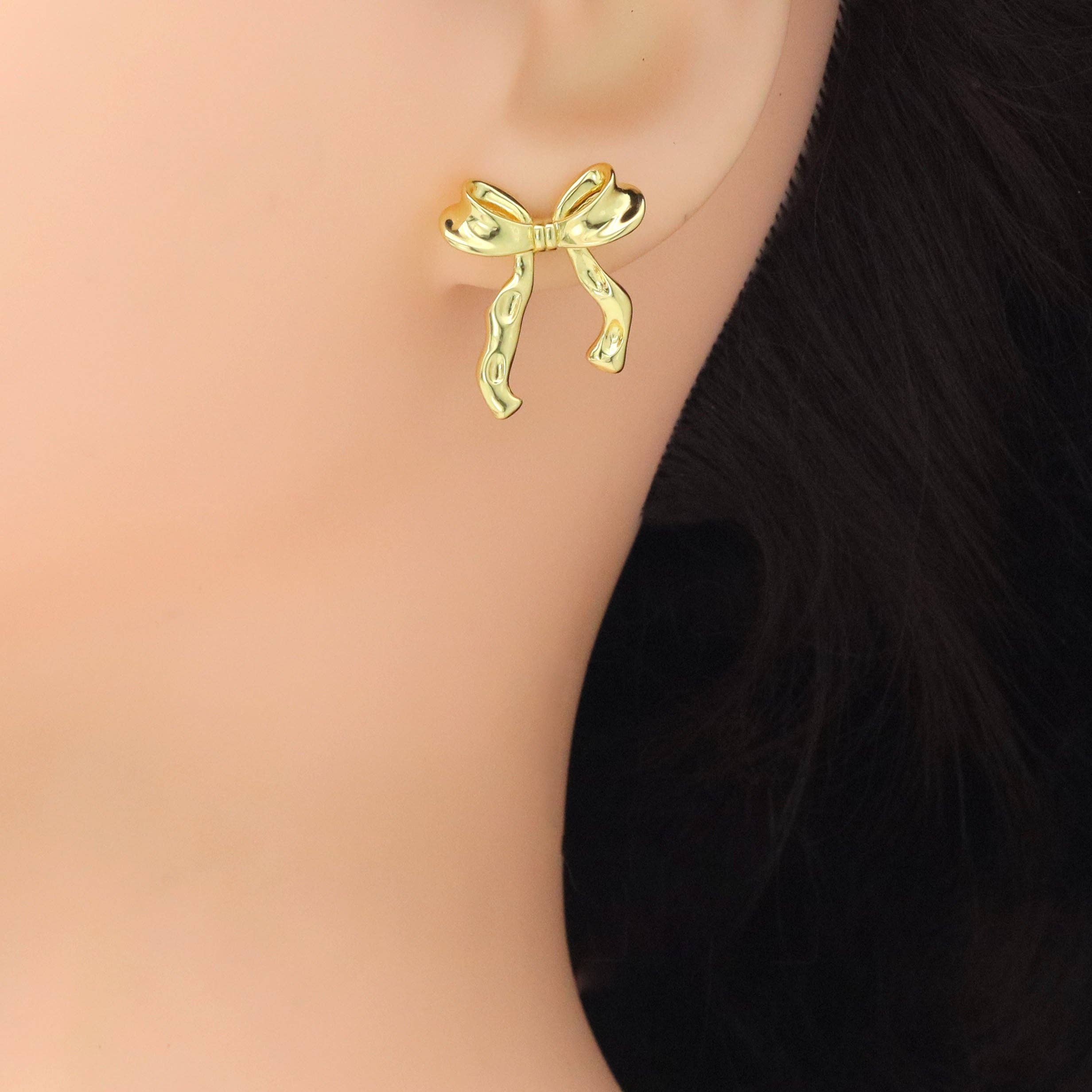 Gold Silver Tie Bow Stud Earrings, Sku#A419