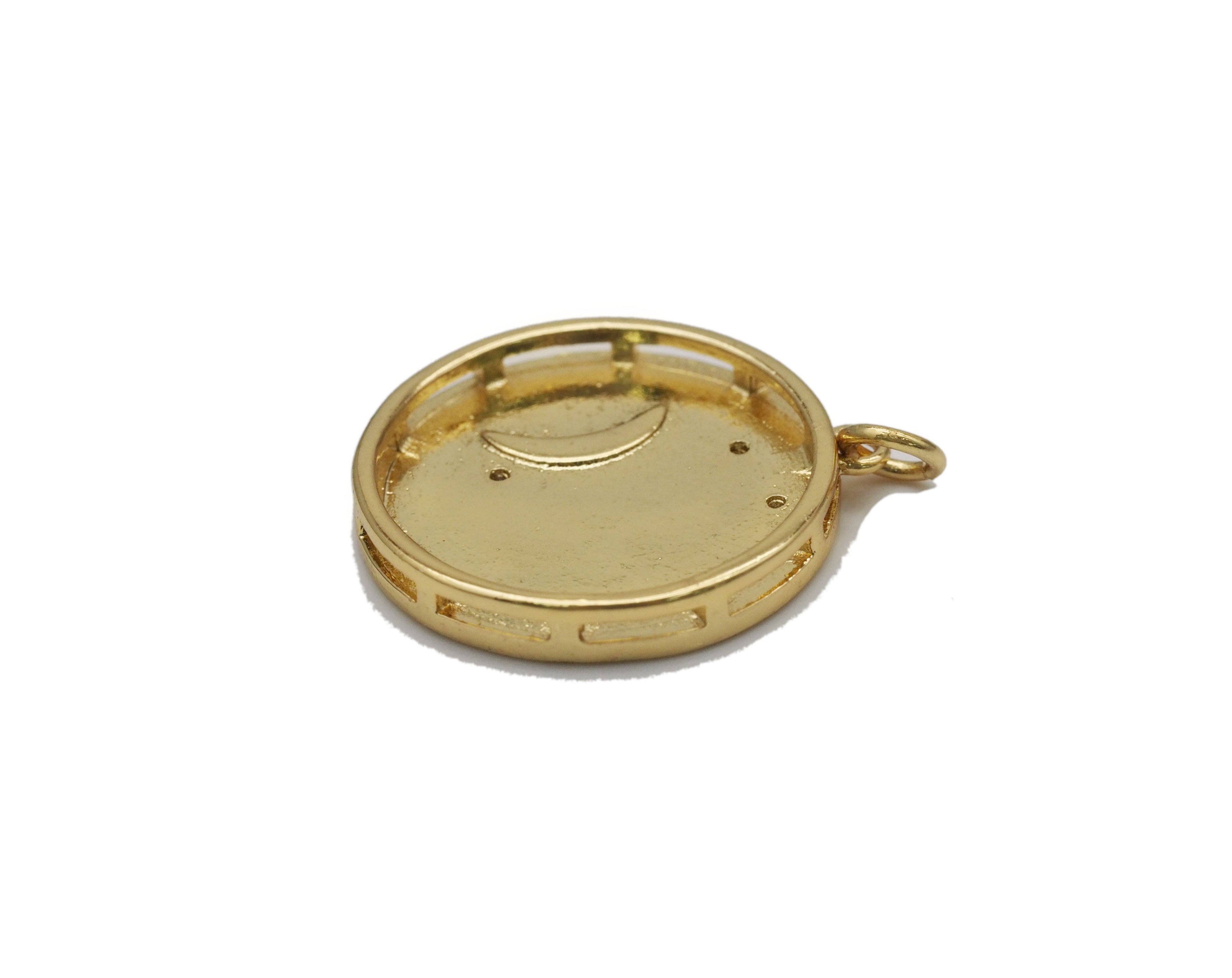 Gold CZ Enamel Moon On Round Coin Charm, Sku#Z1461