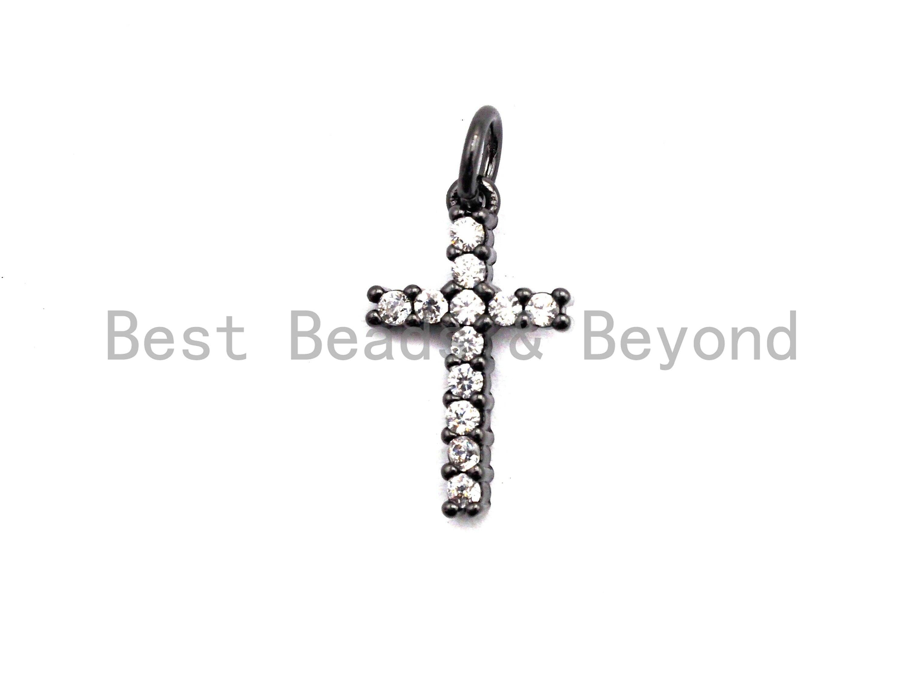 CZ Clear/Black Micro Pave Cross Pendant, CZ Pave Cross Charm, Gold/Rose Gold/Silver/Gunmetal plated, 9x16mm, Sku#F795