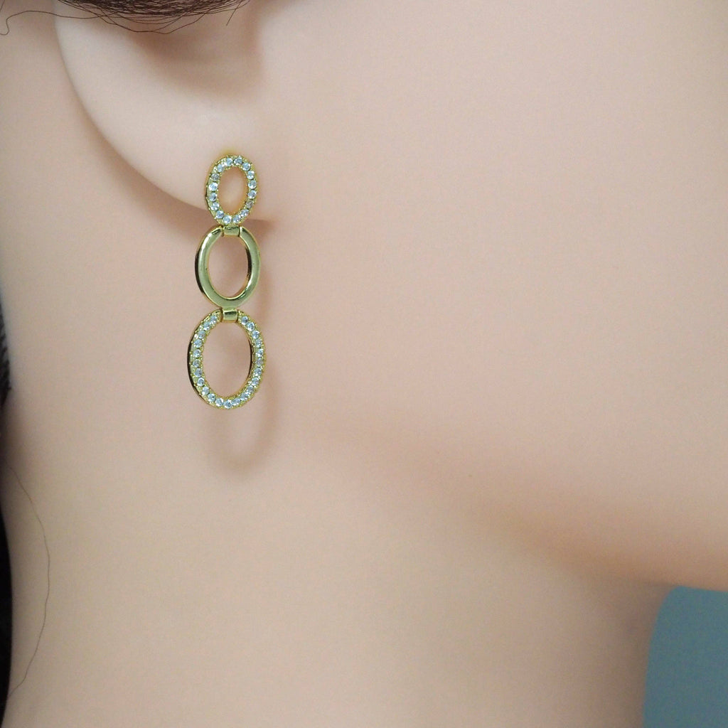 CZ Gold Three Round Circle Link Dangle Earrings, Sku#LD392