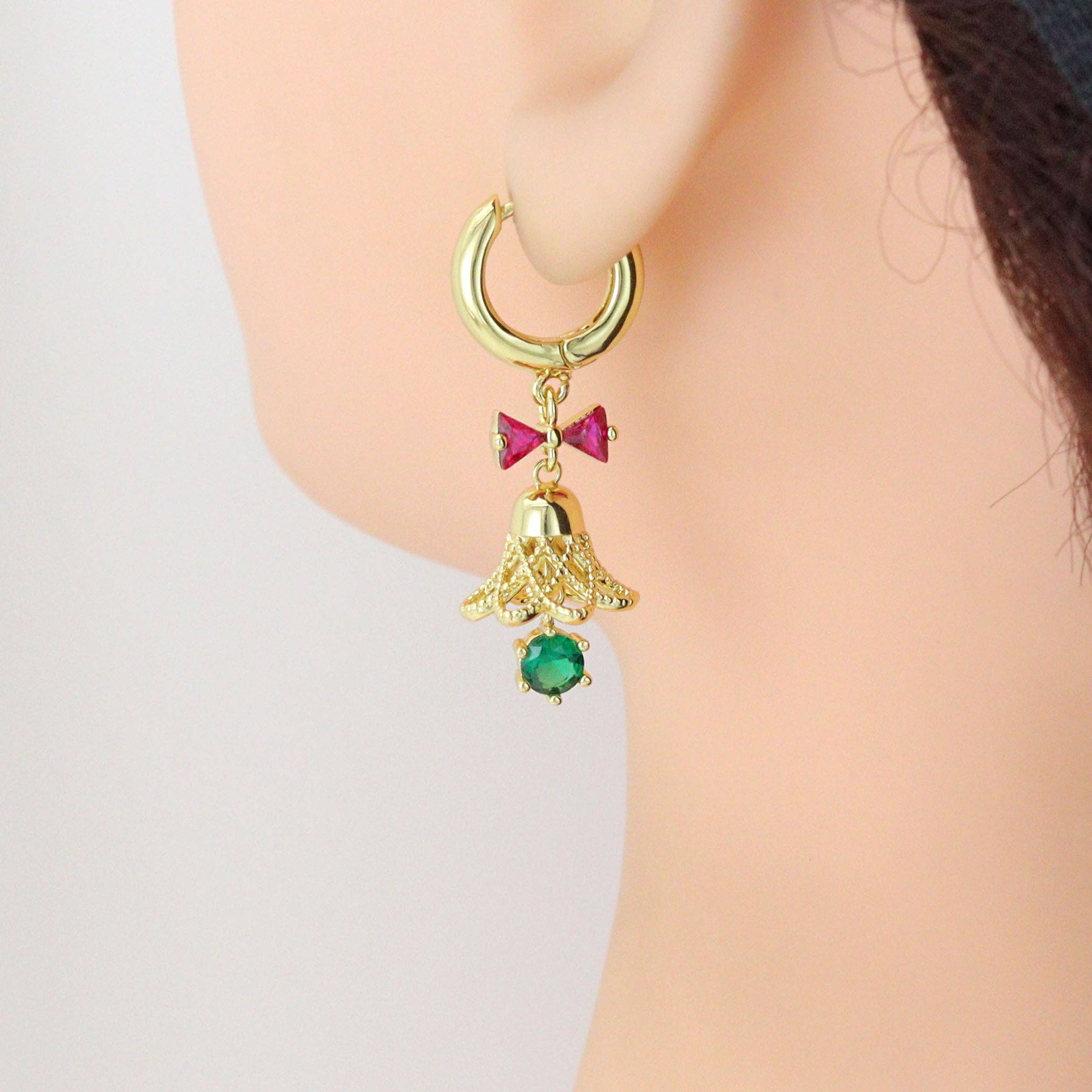 Colorful CZ Christmas Jingle Bell Bow Earrings, Sku#A485