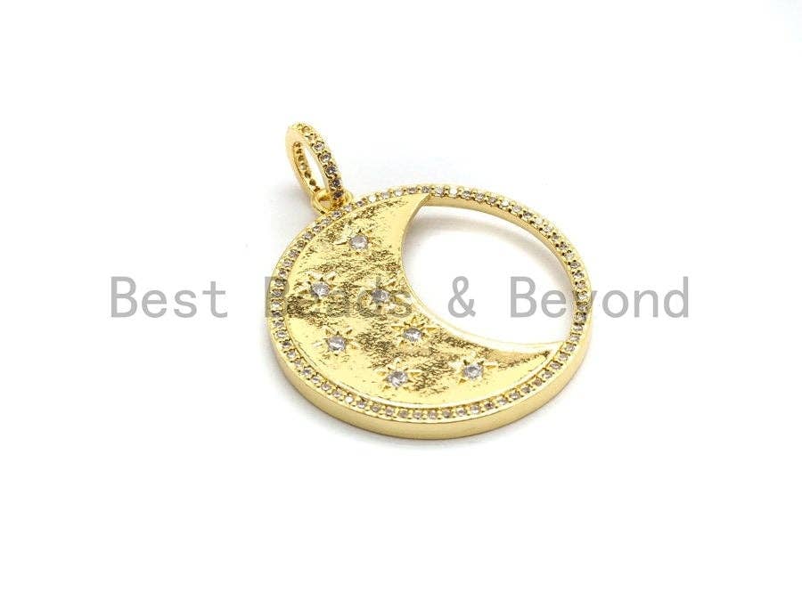 CZ Micro Pave Hollow Round With Moon Star Pendant ,Gold/Silver/Black/Rose Gold ,Cubic Zirconia Jewelry Findings,30x34mm,sku#F700