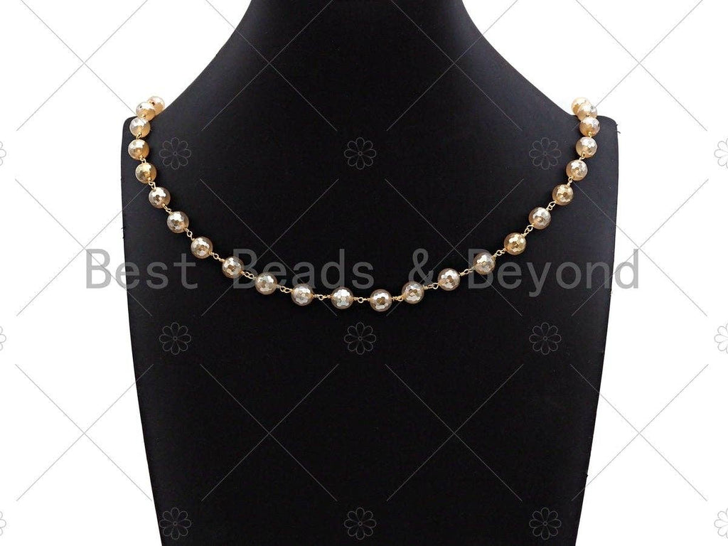 Mystic Agate Brown/Champaign/Grey Rosary Chain, 8mm Agate Beaded Chain, Wire Wrapped Gold Chain,Sku#V84