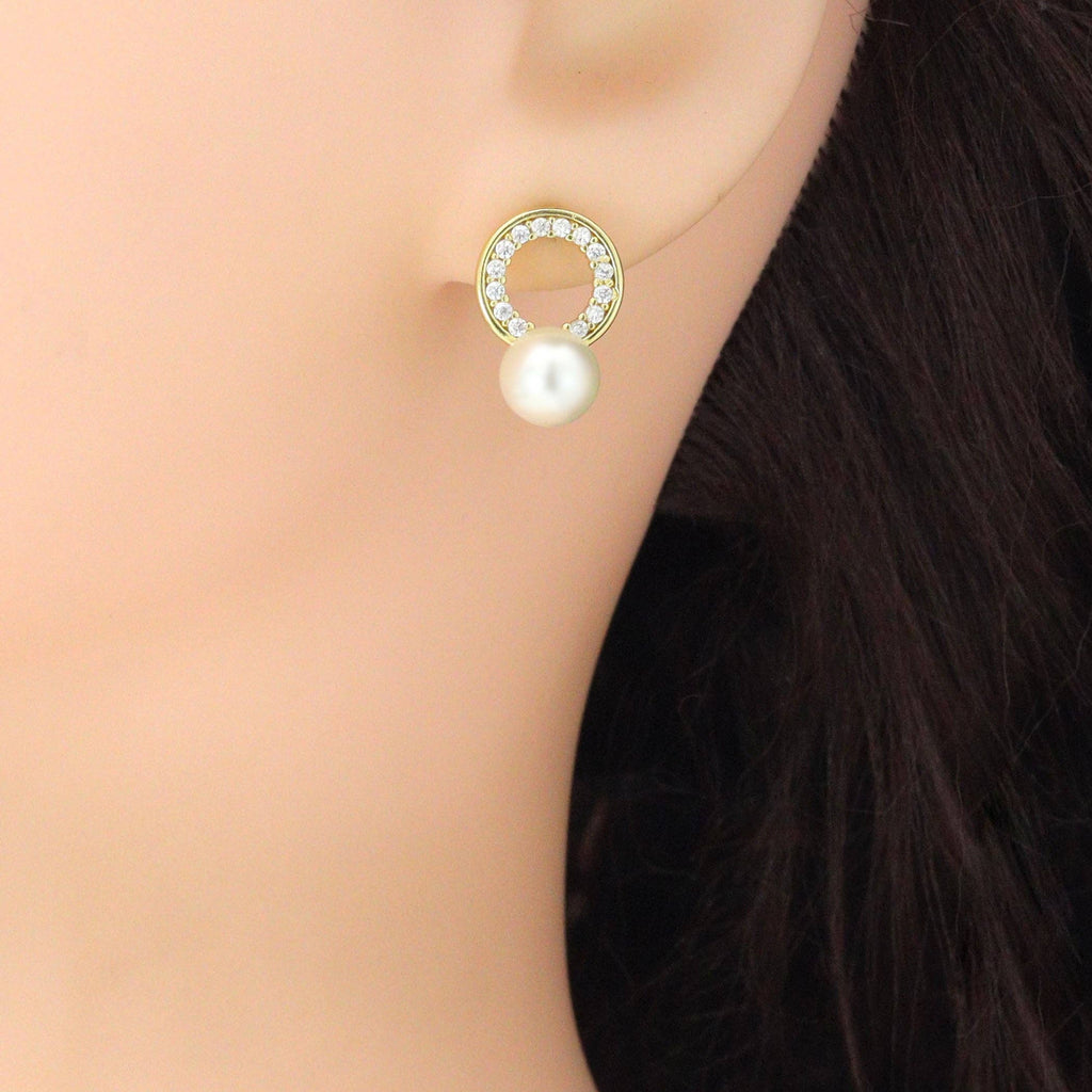 Clear CZ Circle with White Pearl Stud Earrings, Sku#LK1119