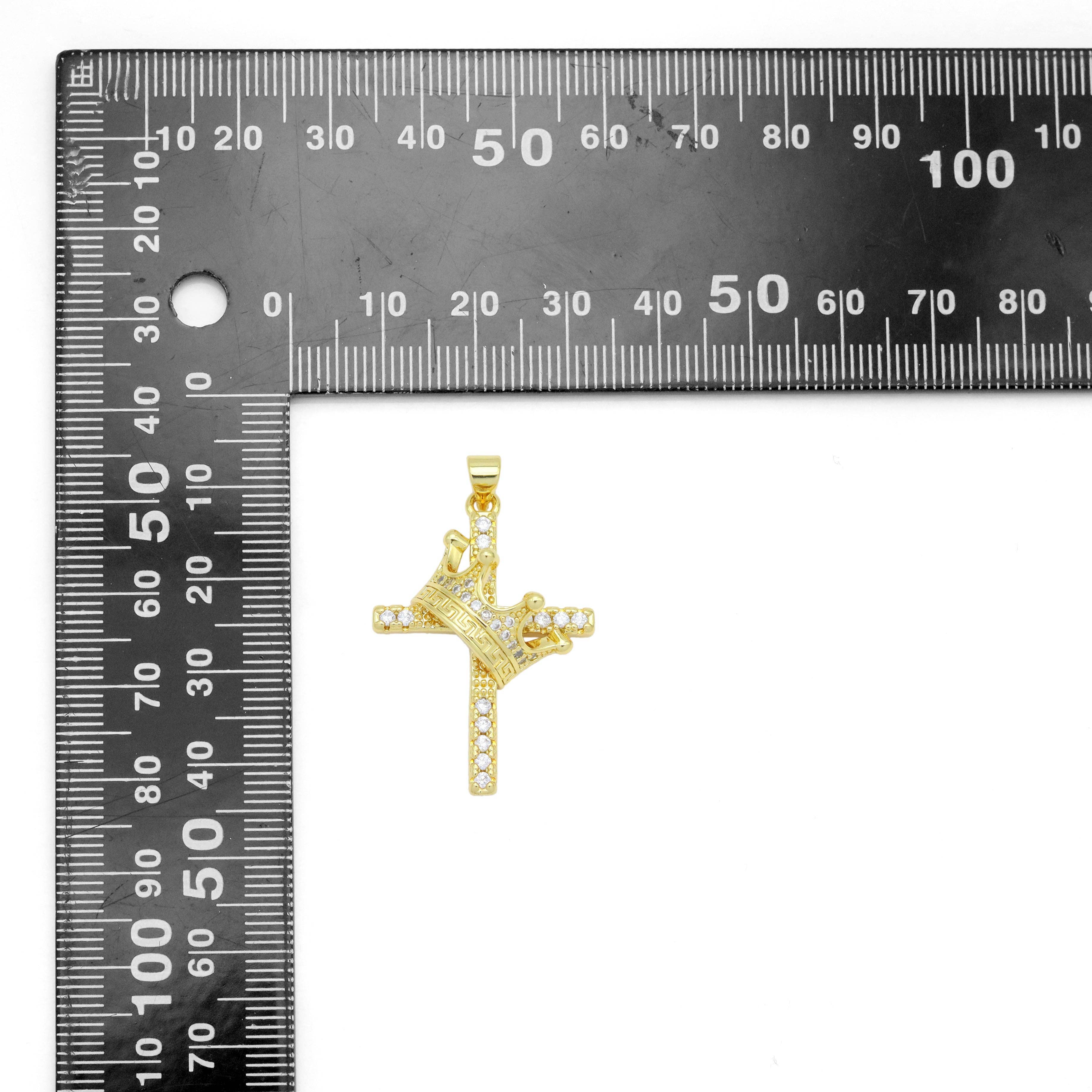 Gold Silver Clear CZ Crown Cross Charm Pendant, Sku#LD637