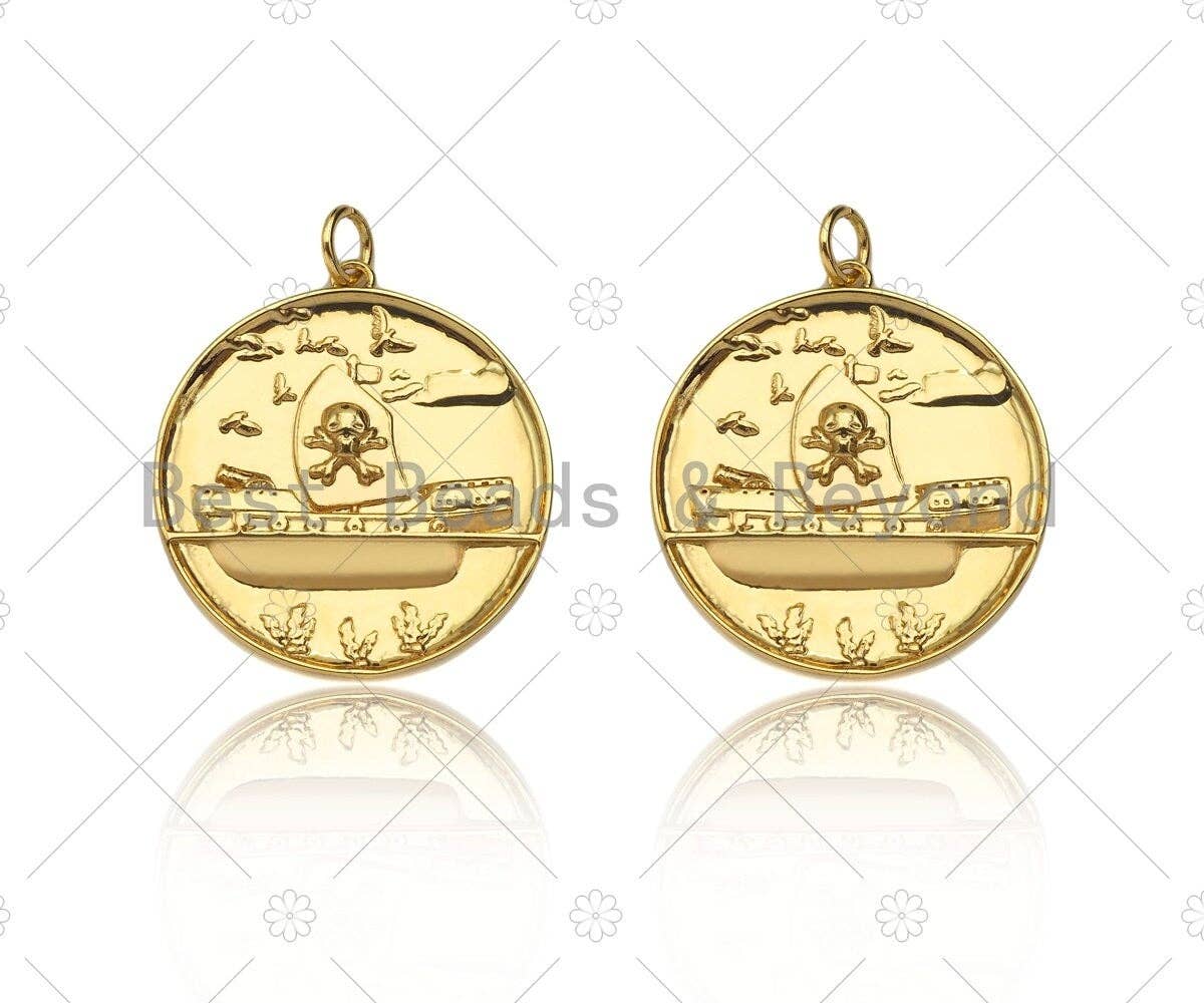 18k Dainty Gold Skull On Round Coin Charms, Gold Medallion Charms,Round Necklace Charms,25x28mm, Sku#Y410
