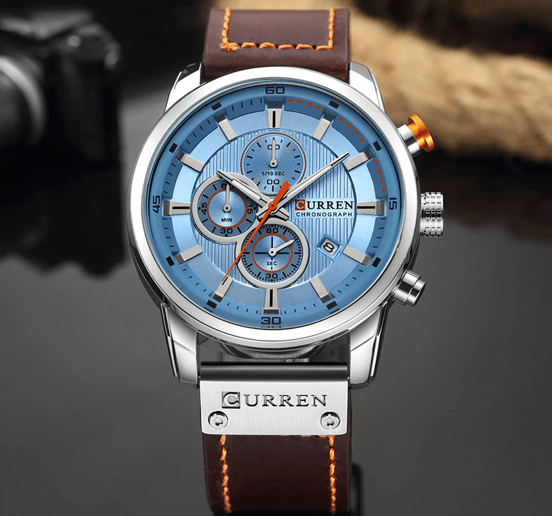 Montre de sport élégante et étanche pour homme avec chronomètres, affichage de la date, bracelets en cuir et verre Hardlex résistant aux rayures. Cadeau idéal pour lui.