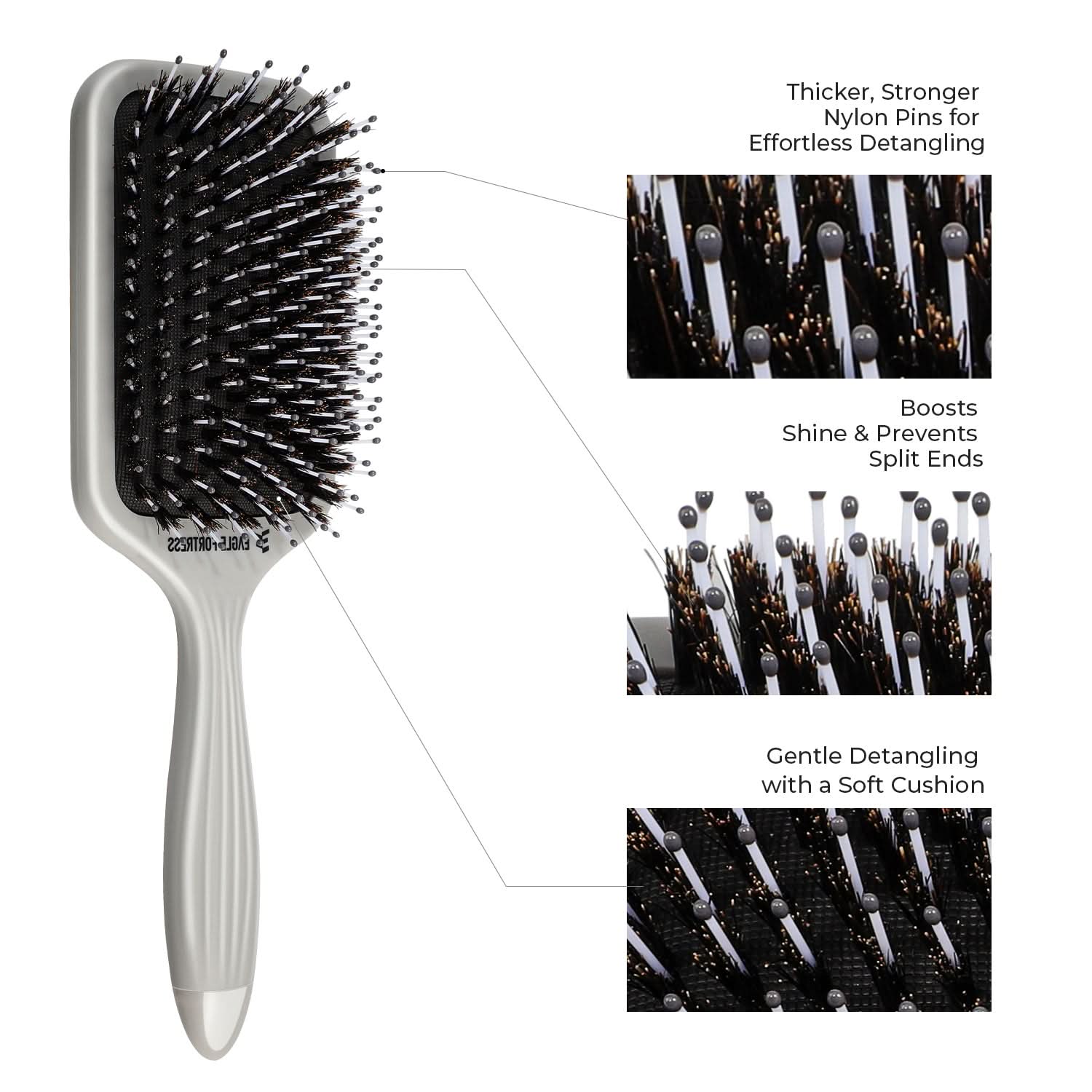 Eagle Fortress Professional Boar Bristle Paddle Brush - Grey