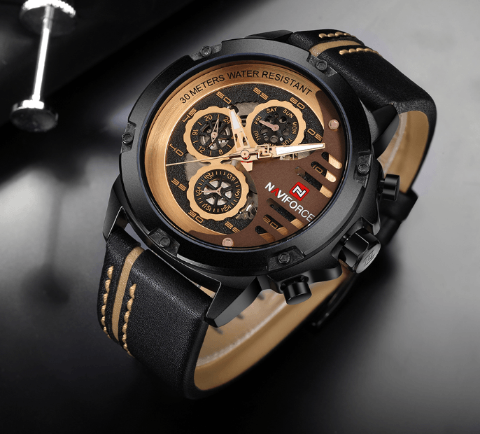 Montre de Sport Étanche Homme avec Chronomètres et Bracelet en Cuir Montre-Bracelet Multifonction Design Unique Cadeau Parfait