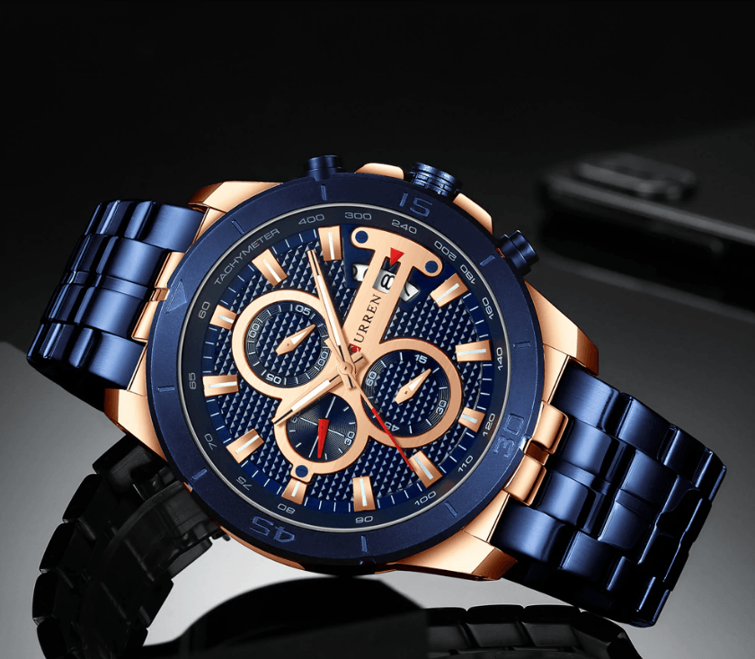 Montre étanche pour homme avec chronomètres, affichage du jour et aiguilles fluorescentes. Design de luxe unique. Cadeau parfait.