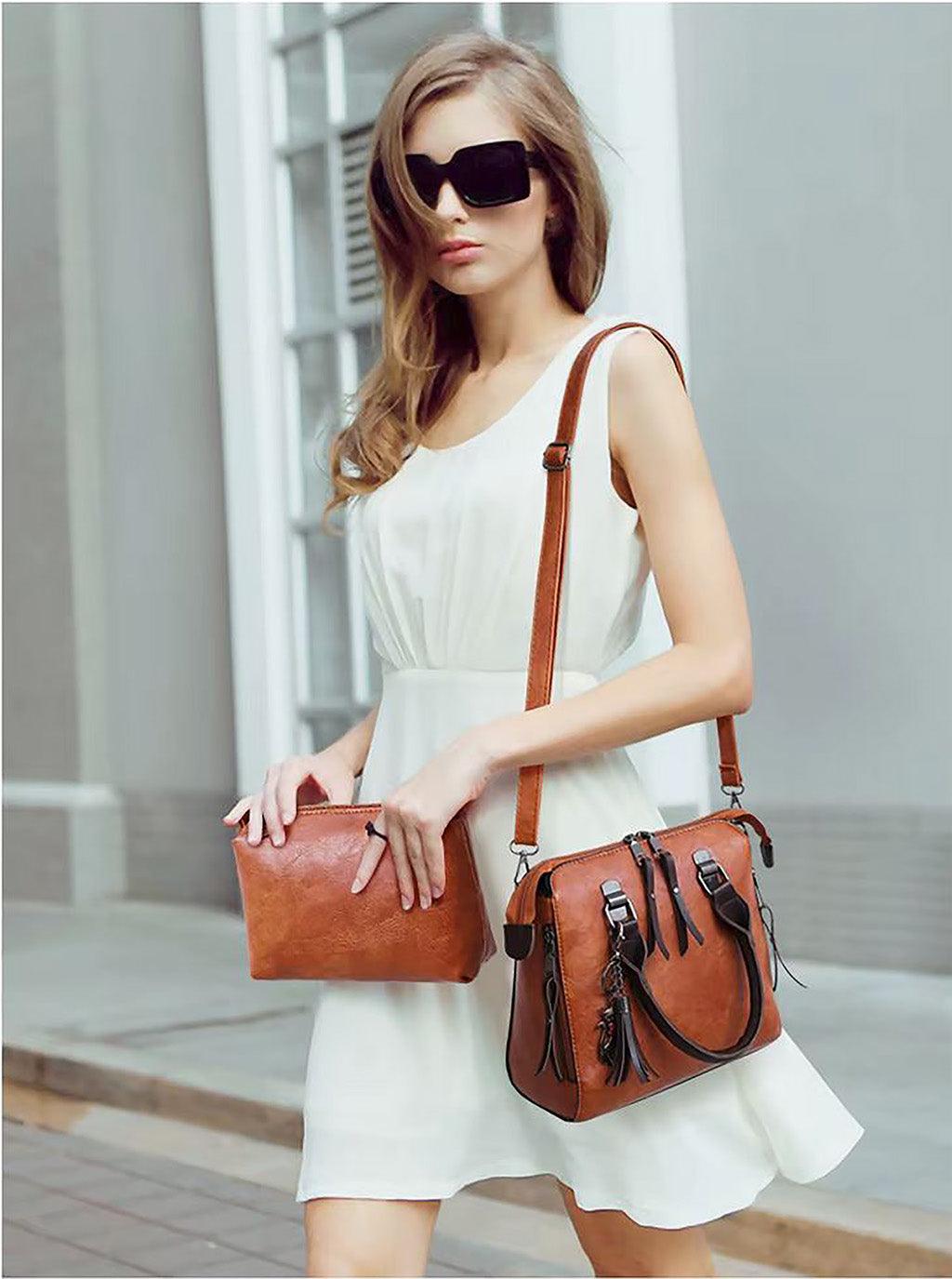 Ensemble de sacs messager 4 pièces en cuir vintage | Ensemble de sacs fourre-tout, pochette et portefeuille de luxe en cuir