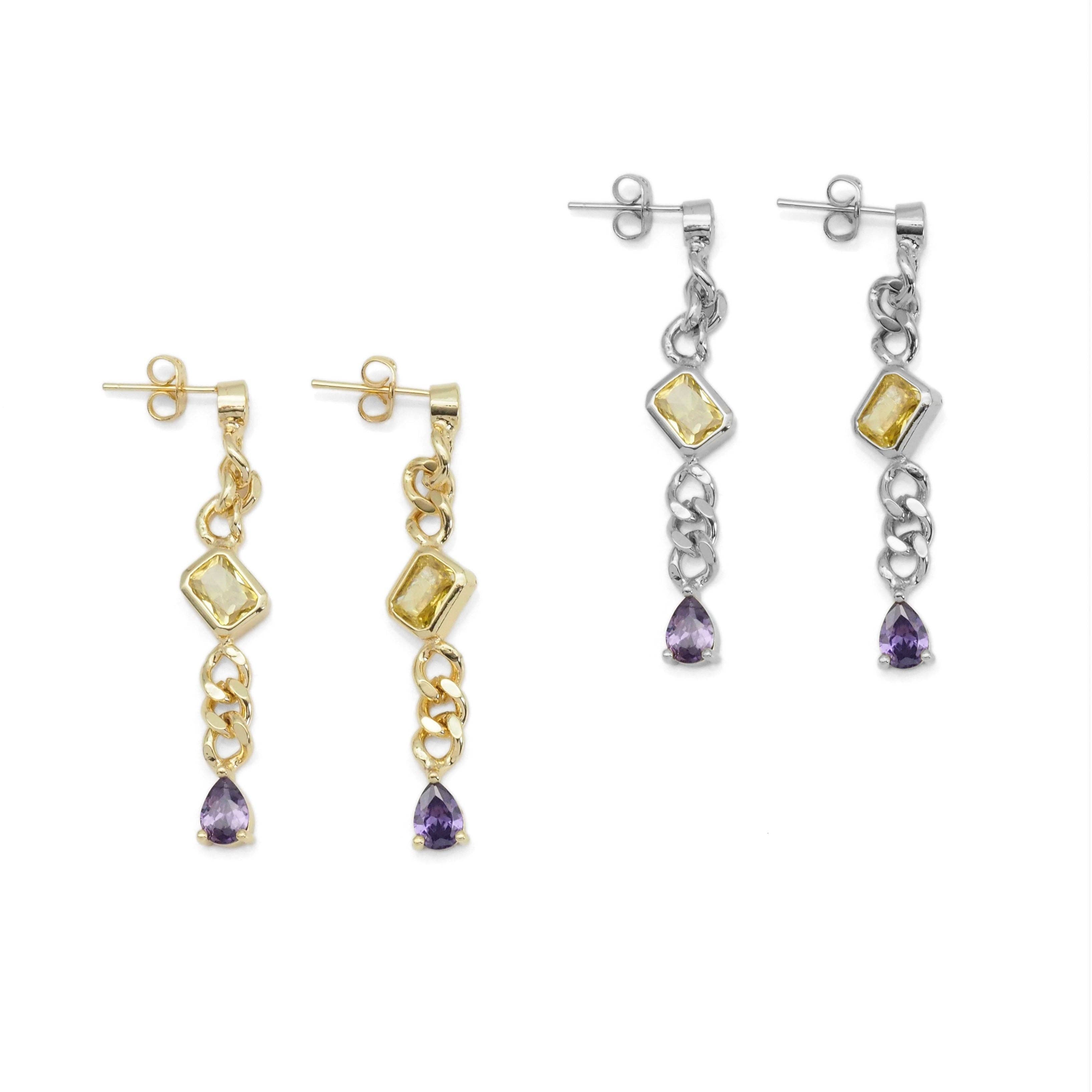 Gold Silver Citrine Amethyst CZ Chain Link Stud Earrings, Sku#Y854