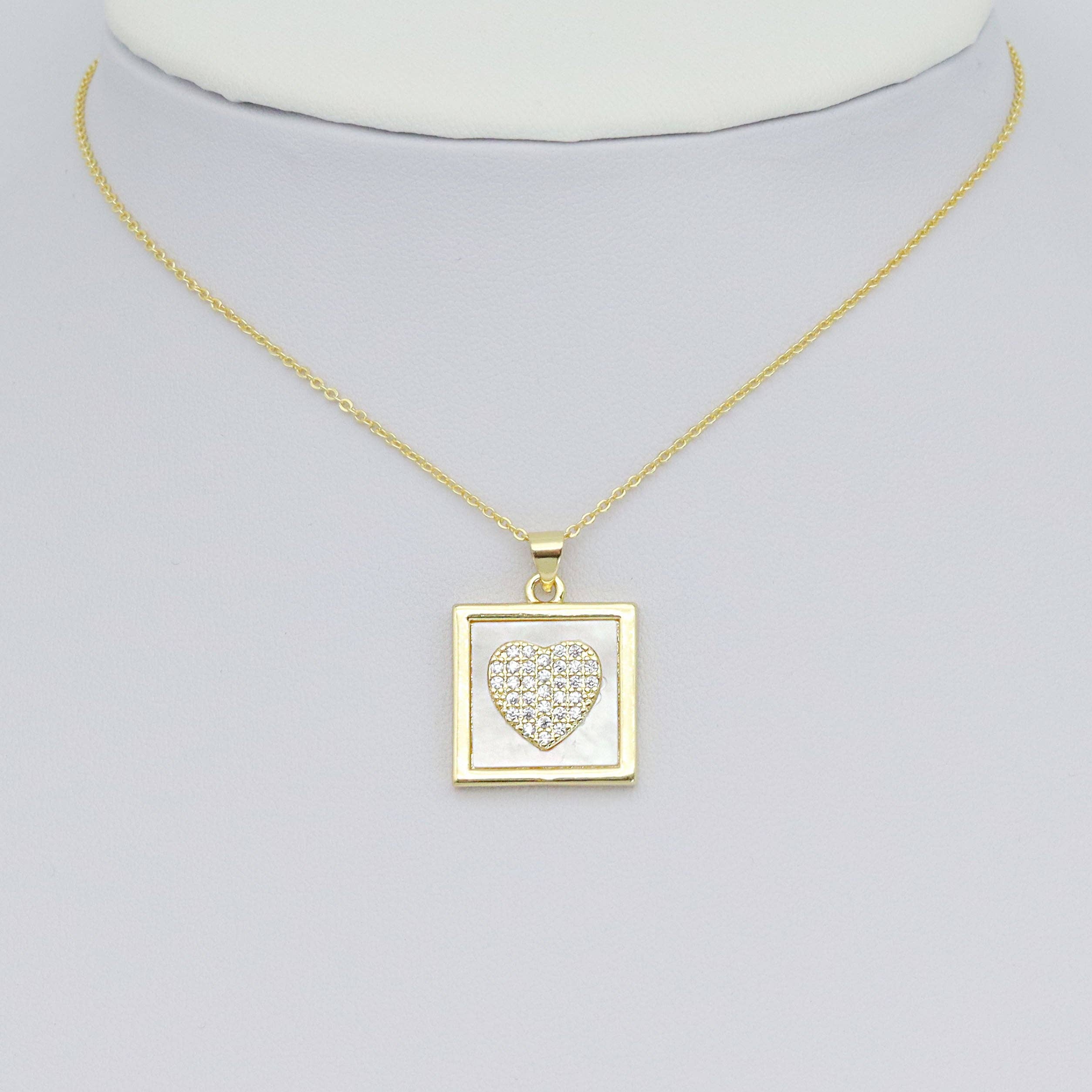 Gold Clear CZ Heart On Square Mother of Pearl Charm Pendant, Sku#LK990