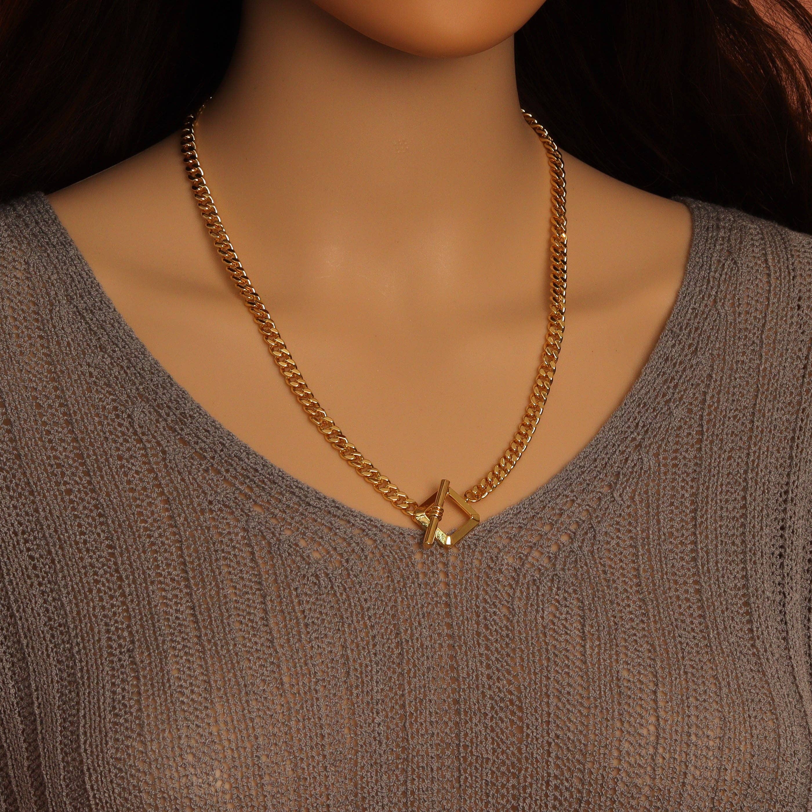 Gold Rectangle Toggle Clasp Cuban Chain Link Adjustable Necklace, Sku#L731