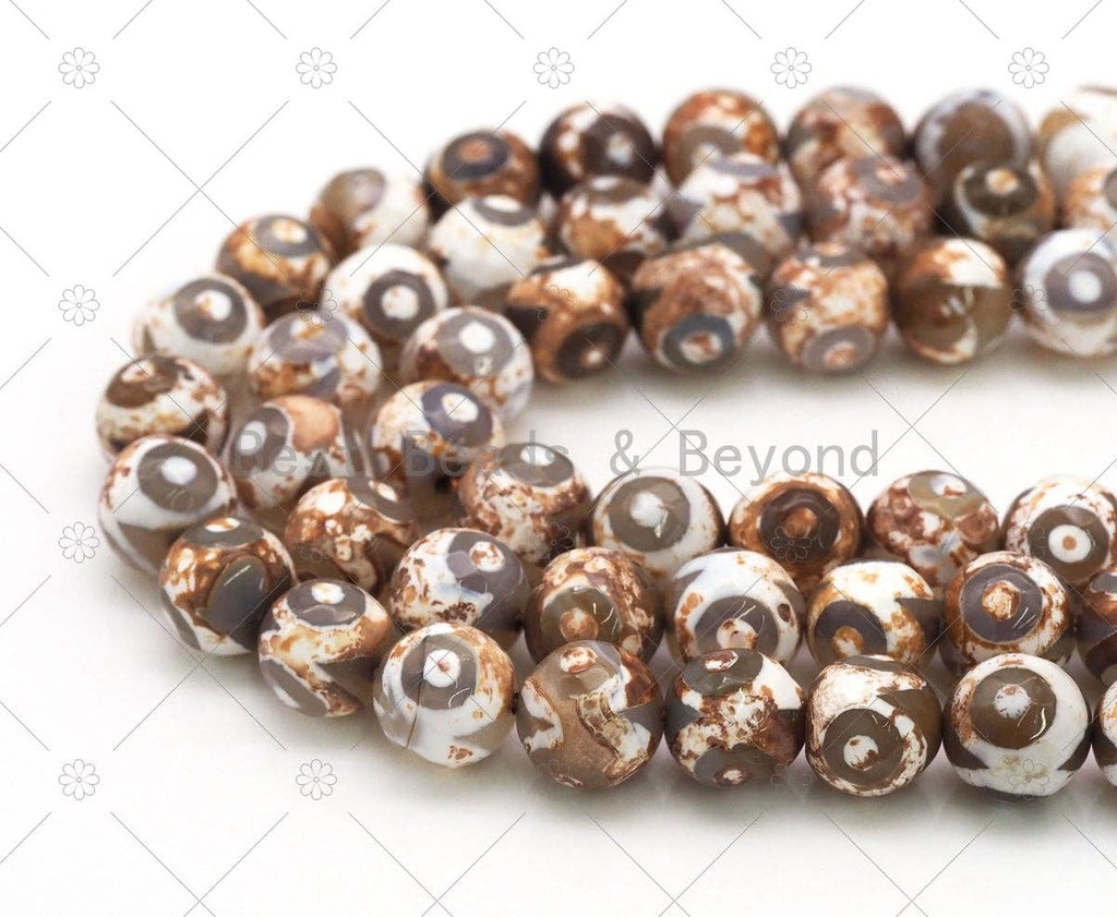Brown Evil Eye Tibetan Agate 10mm Round Smooth Beads, Sku#U1192