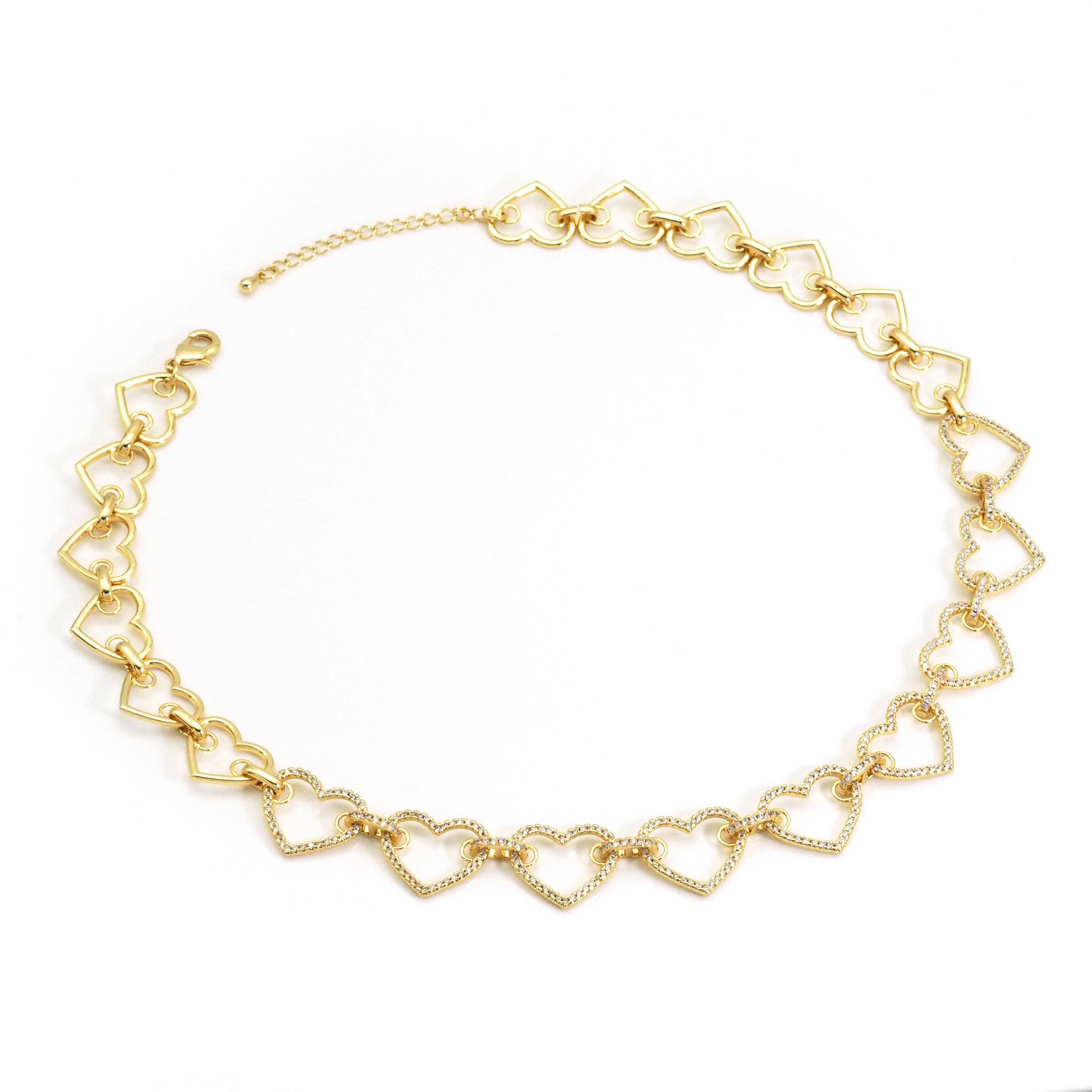 Clear CZ Gold Heart Link Chain Adjustable Necklace,sku#LX237