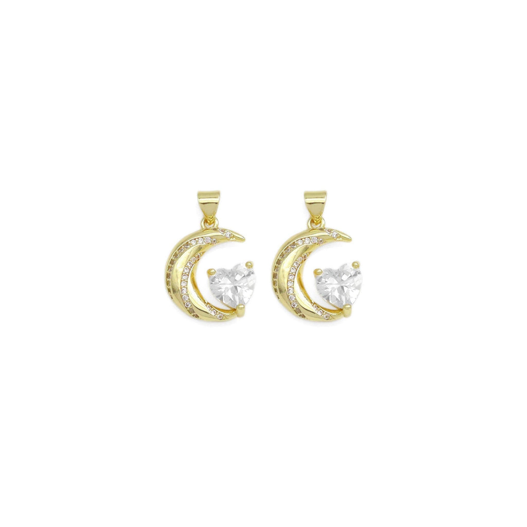 CZ Gold Heart on Cresent Moon Charm, Sku#Y924