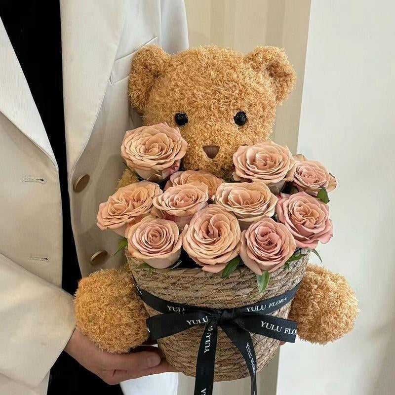 Valentine’S Day Teddy Bear with Eternal Rose Bouquet, Preserved Flower Plush Bear, Romantic Birthday Gift for Her Gift Sets
