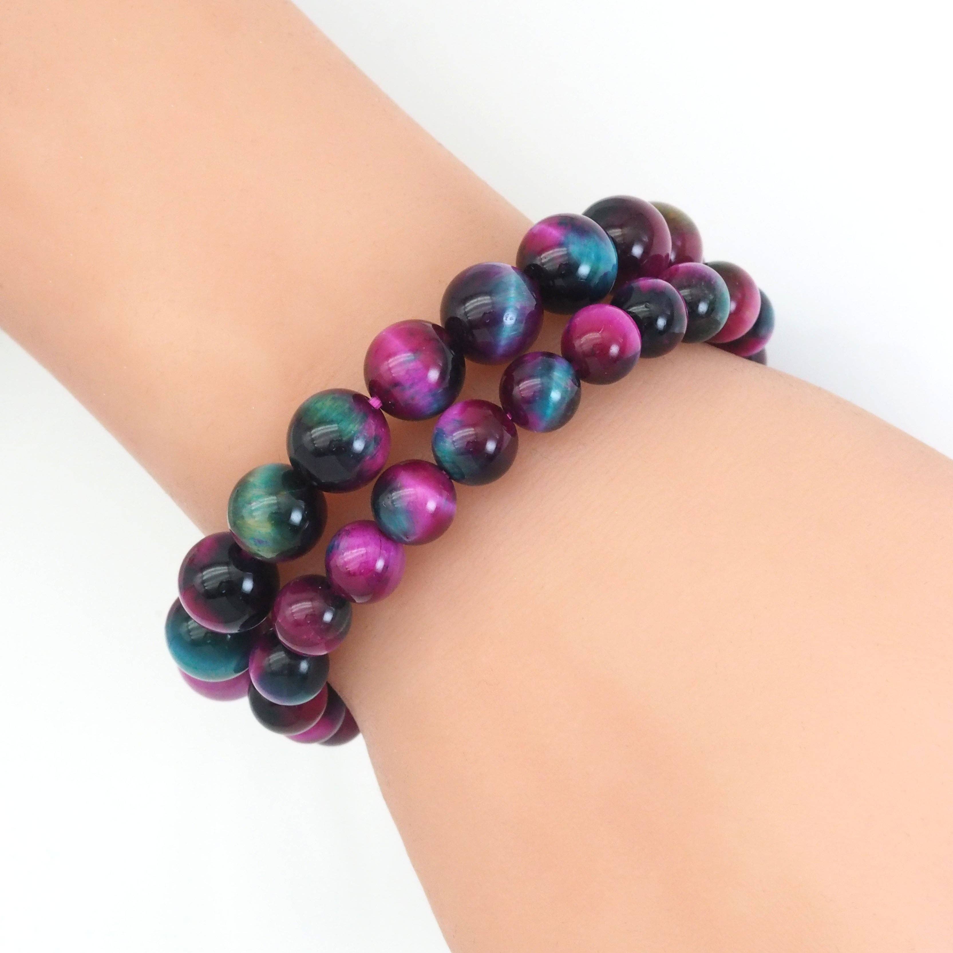 Fuchsia Blue Tiger Eye Round Stretchy Bracelet, Sku#EF436