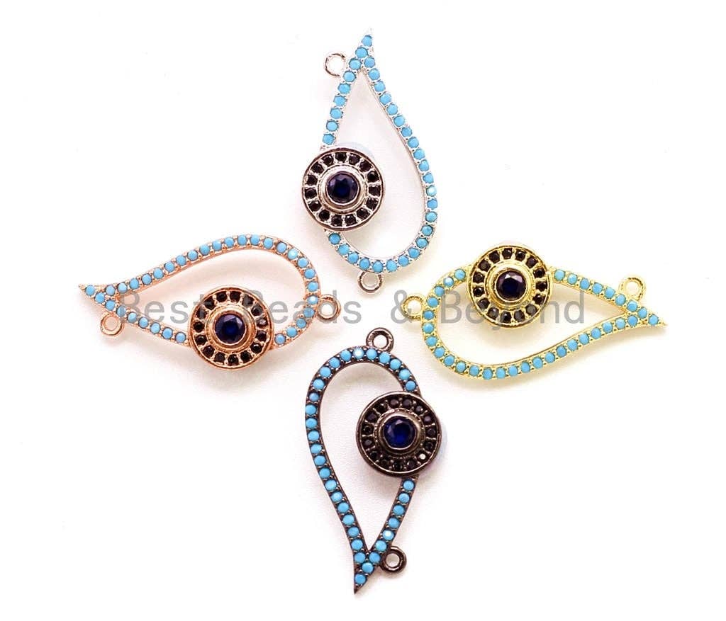CZ Micro Pave Turquoise Evil Eye Connector, Cubic Zirconia Space Connector, 13x26mm, CZ Pave Beads, sku#E18C