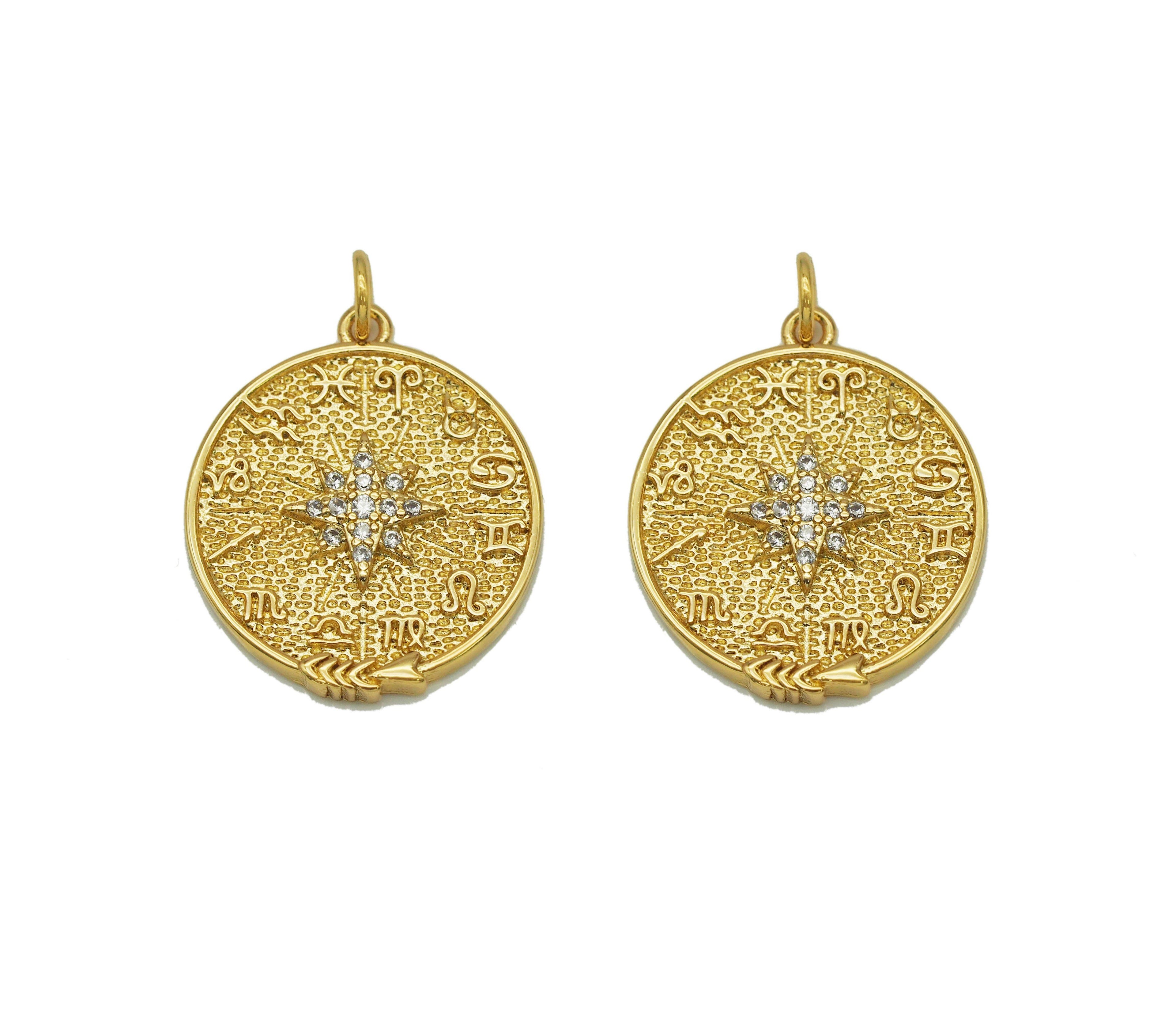 CZ North Star On Round Coin Charm, Sku#Y684