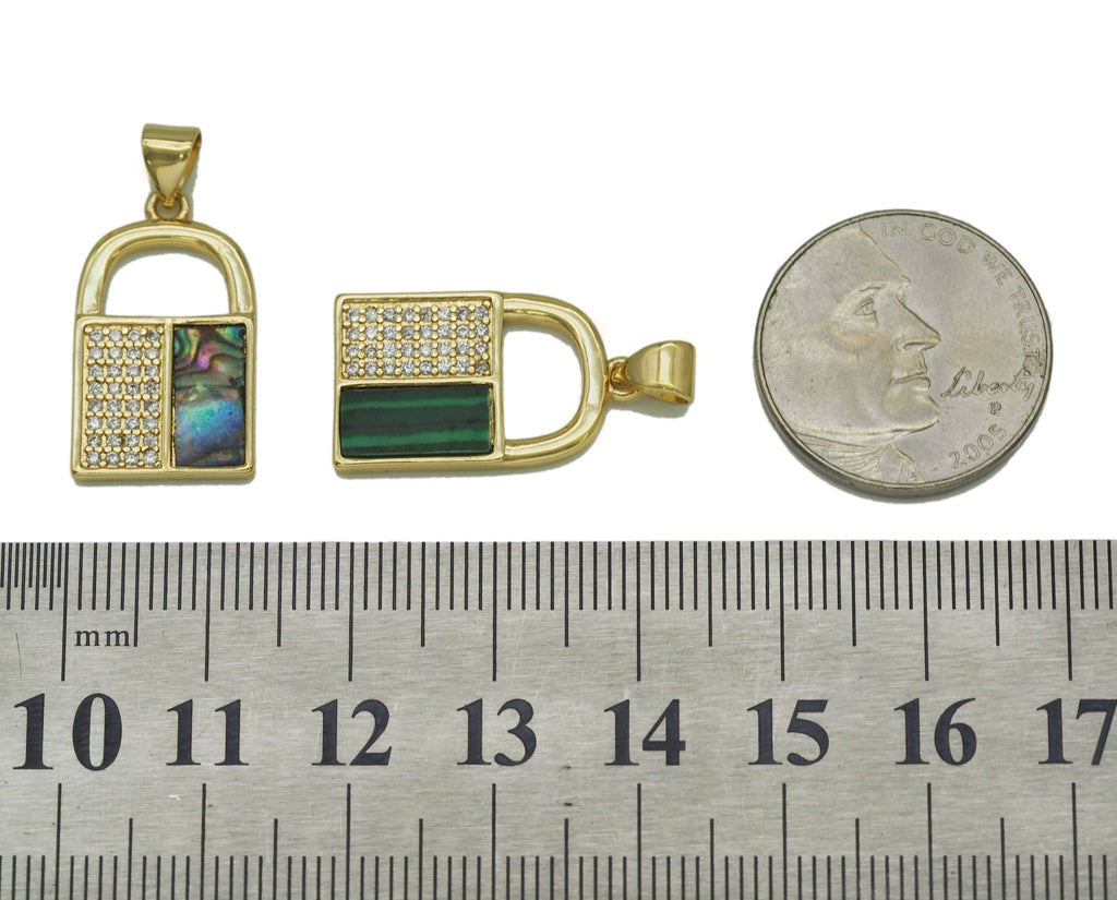 CZ Turquoise Malachite Abalone Lock Charm, Sku#L678