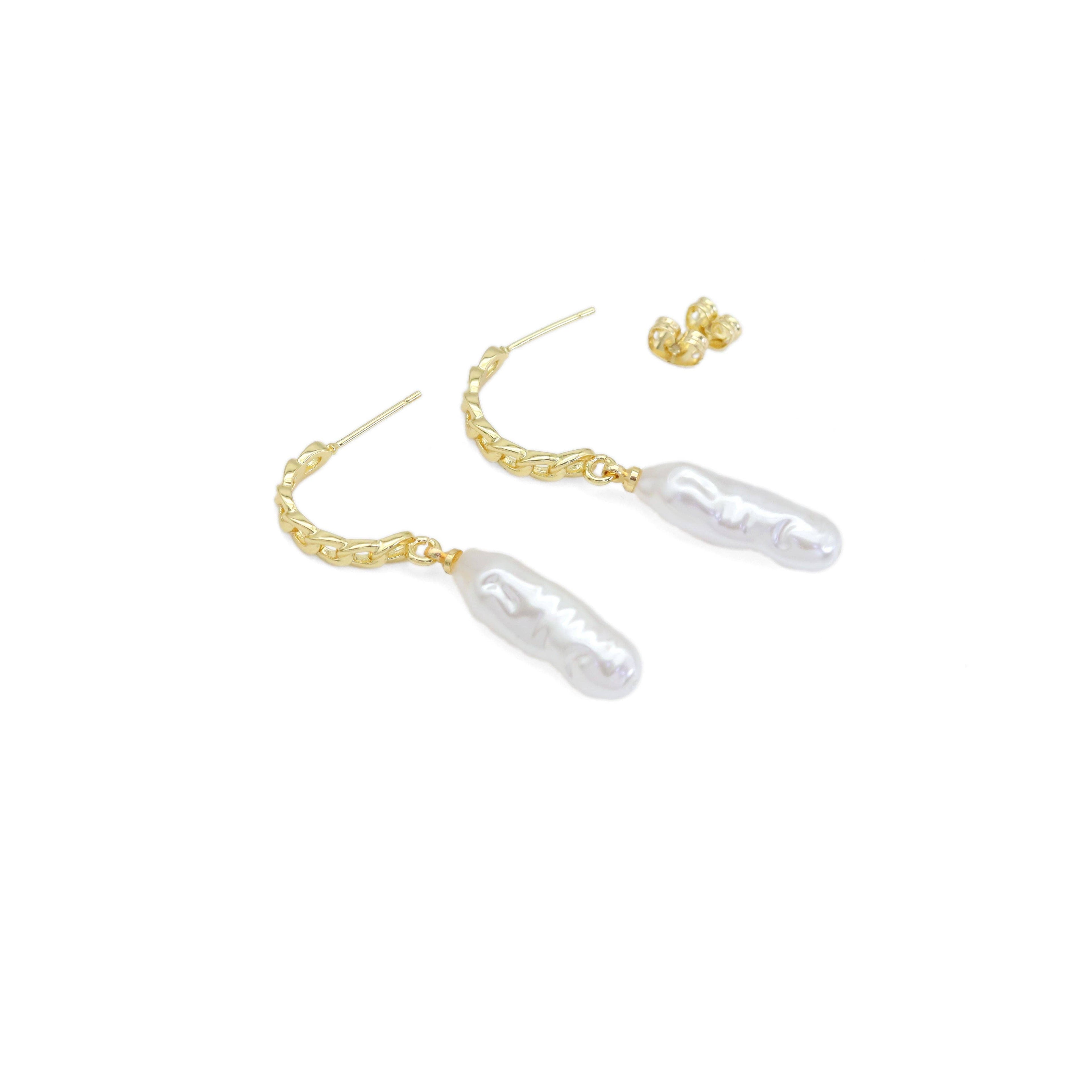 White Pearl Twisted Gold Hoop Stud Earrings, Sku#LX449