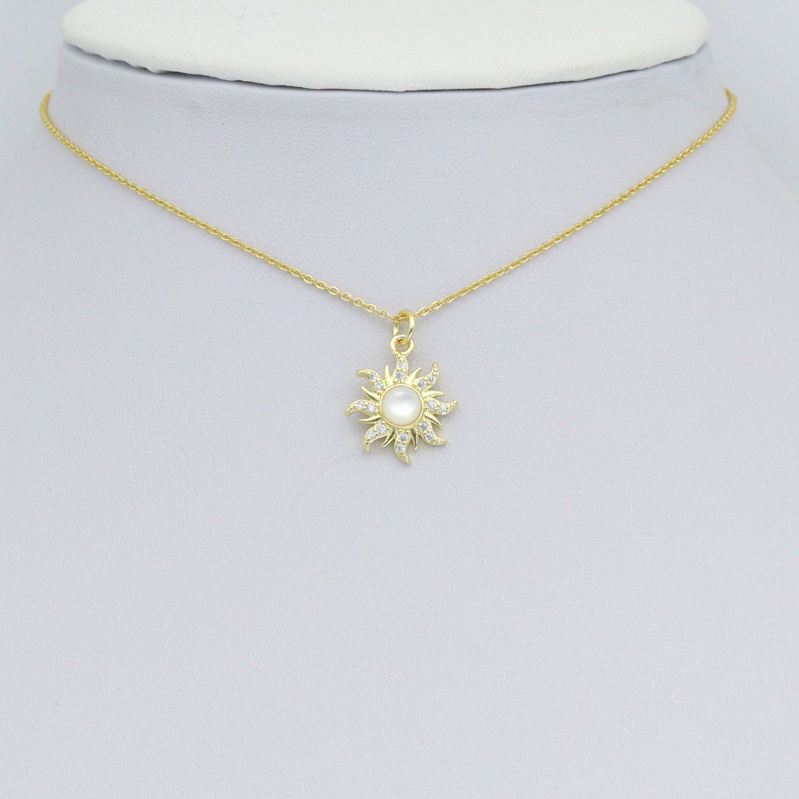 Clear CZ Gold Moonstone Sunflower Charm Pendant, Sku#LK1165