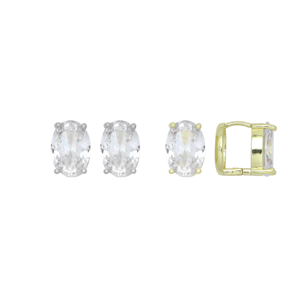 Gold Silver Big Oval CZ Stud Earrings, Sku#LX713