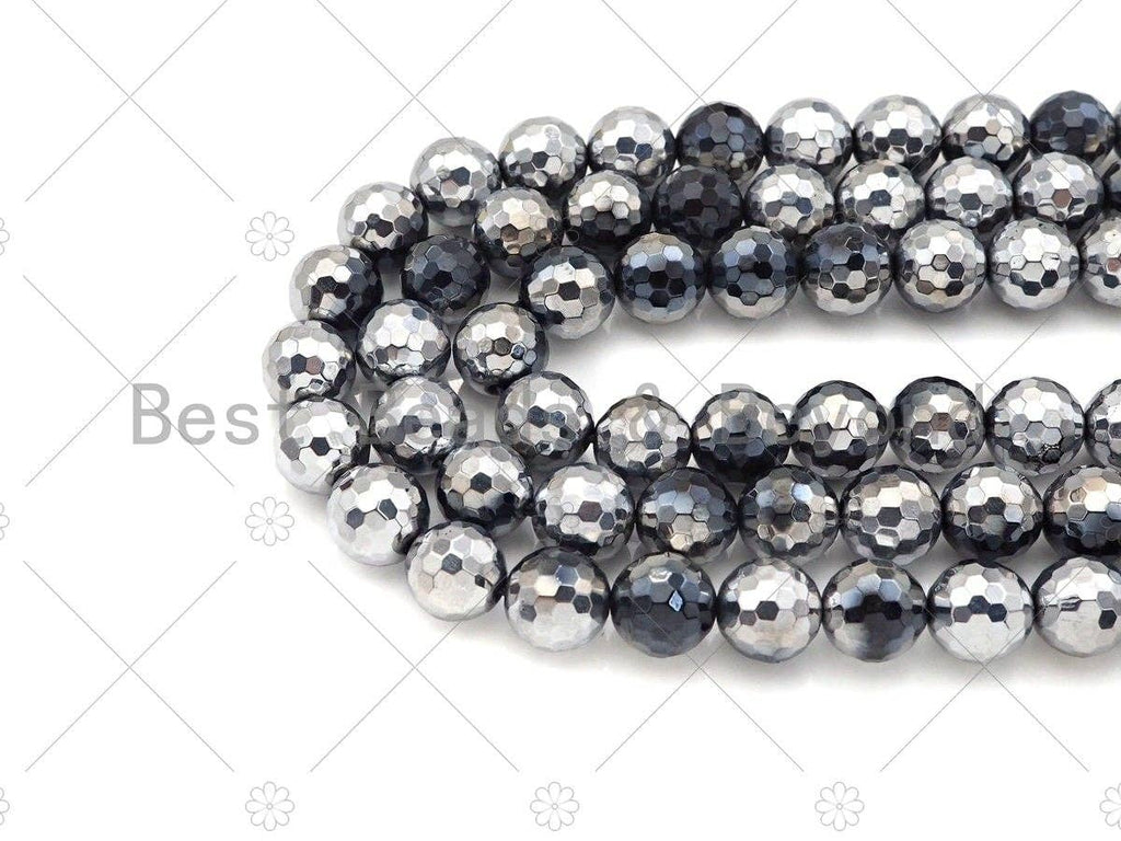 NEW!!! Natural Half Silver Plated Black Onyx Beads, 8mm/10mm/12mm Round Faceted Silver Black Onyx Beads, 15.5" Full Strand, Sku#UA210