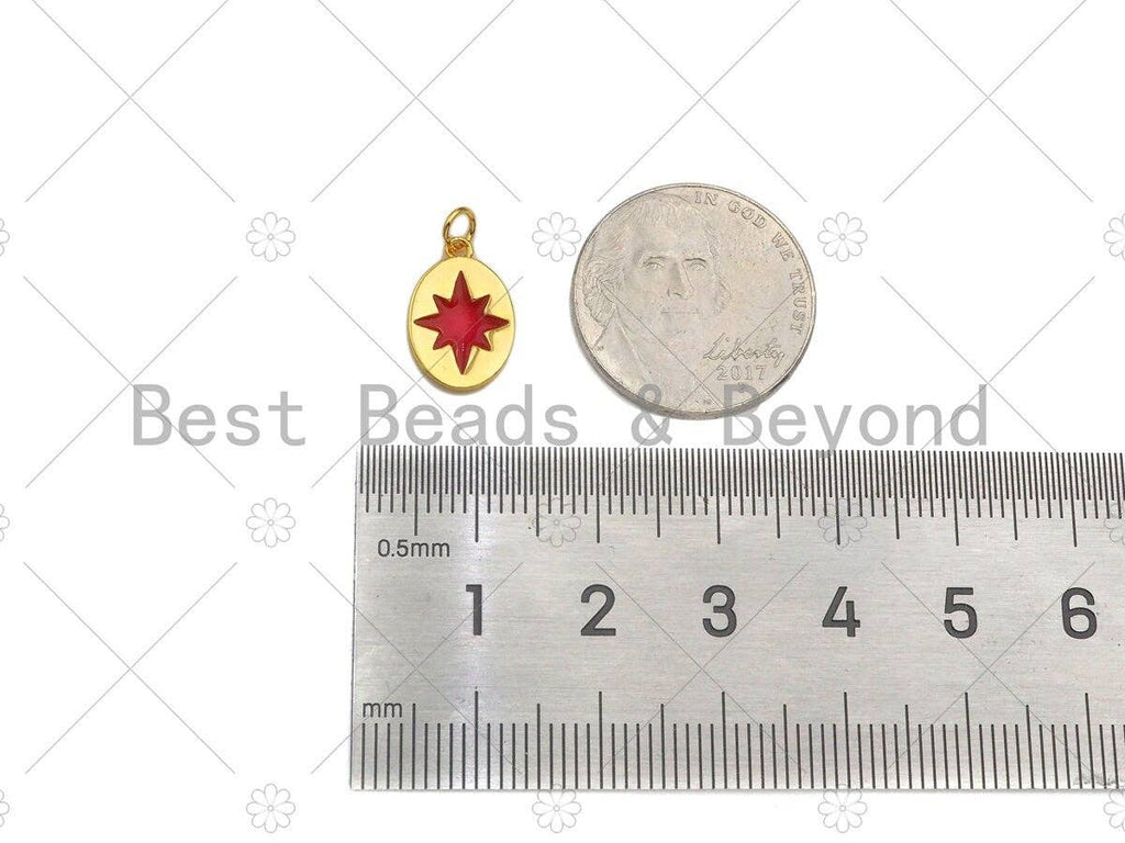 18K Dainty Gold Red Enamel North Star Lighting Heart On Oval Pendant, Gold Enamel Medallion Charm, 9x14mm,Sku#Y419