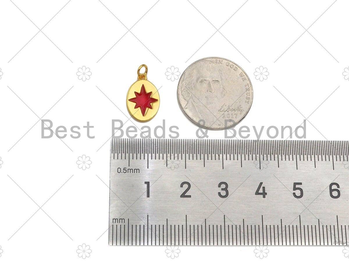 18K Dainty Gold Red Enamel North Star Lighting Heart On Oval Pendant, Gold Enamel Medallion Charm, 9x14mm,Sku#Y419