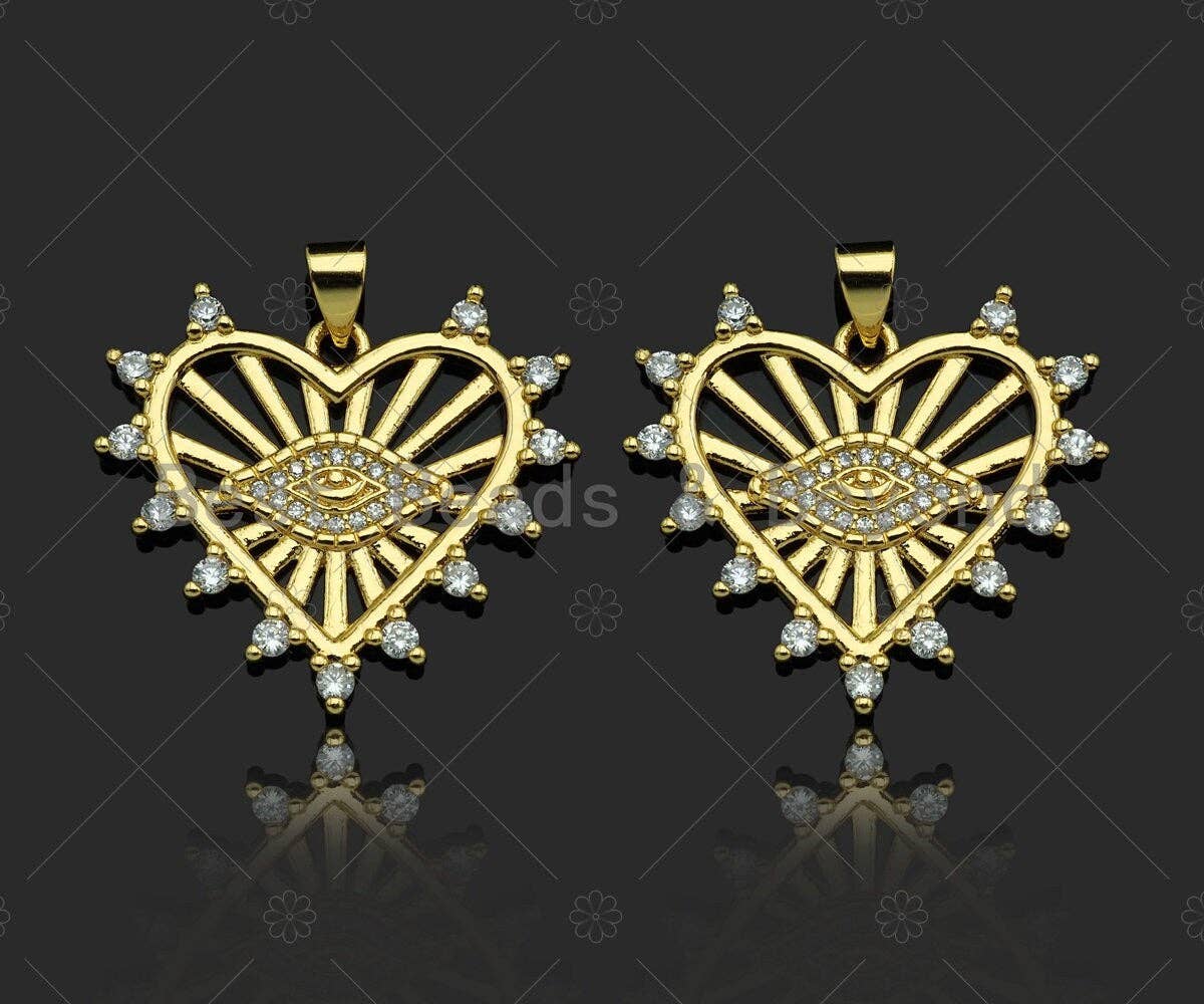 Gold Filled CZ Micro Pave Evil Eye On Heart Shape Pendant, 18K Gold Filled Heart Charm, Necklace Bracelet Charm Pendant, 27x24mm,Sku#LD93