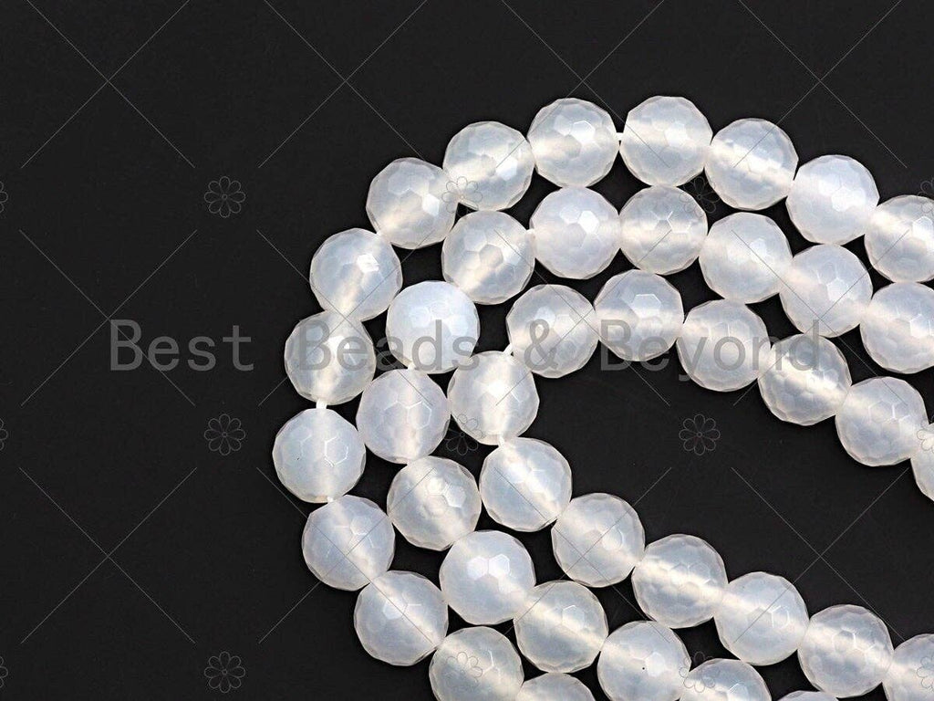 High Quality Natural Milky White Agate Beads, Round Faceted 6mm/8mm/10mm/12mm White Agate Beads, 15.5" Full Strand, Sku#U569
