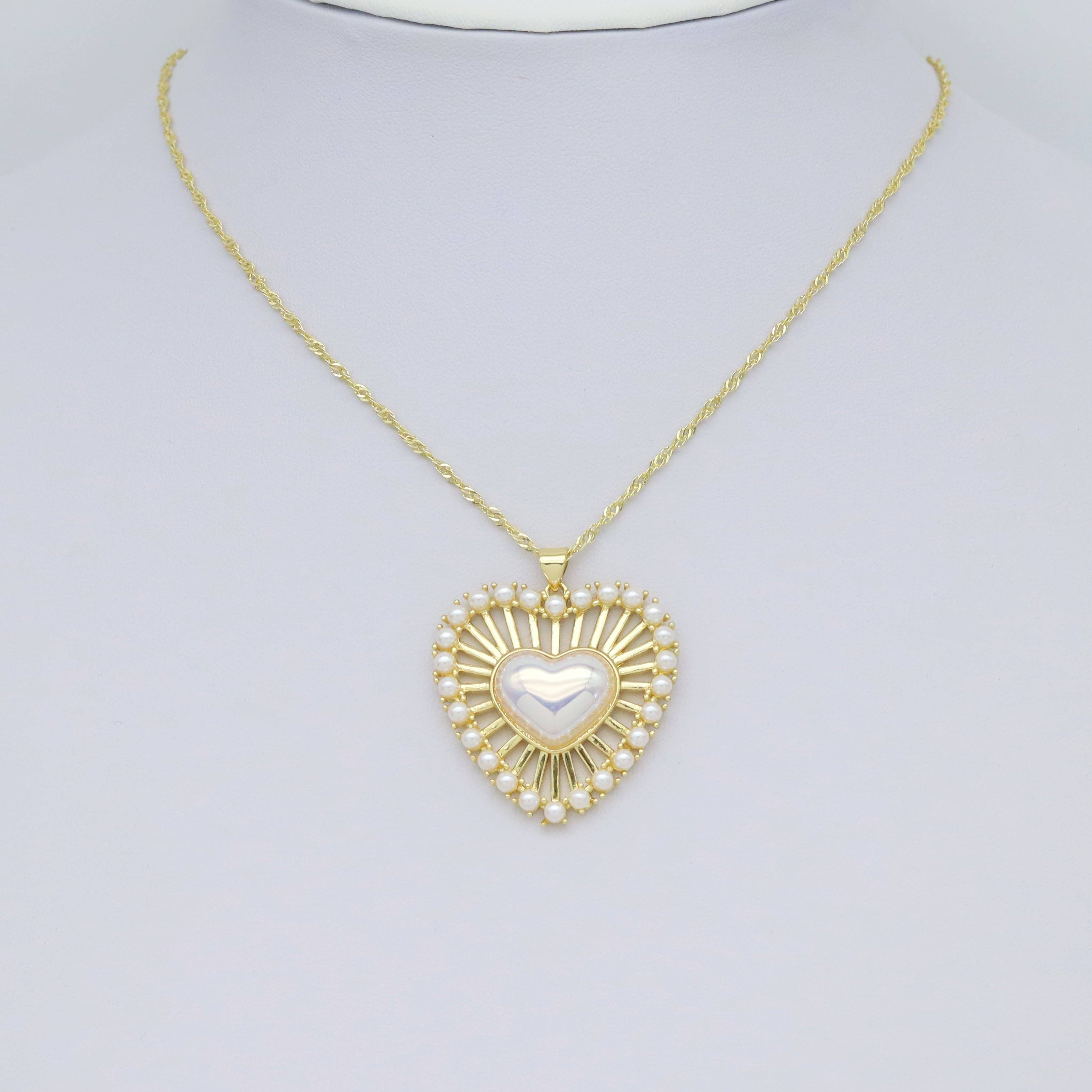 Large CZ Pave Pearl Heart  Pendant, Sku#LX626