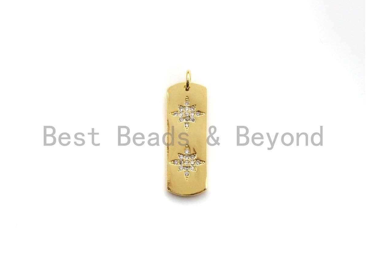CZ Micro Pave Double North Star On Long Bar Pendant, Cubic Zirconia Strip Pendant, Micro pave Star pendant, 9x26mm, sku#Z769