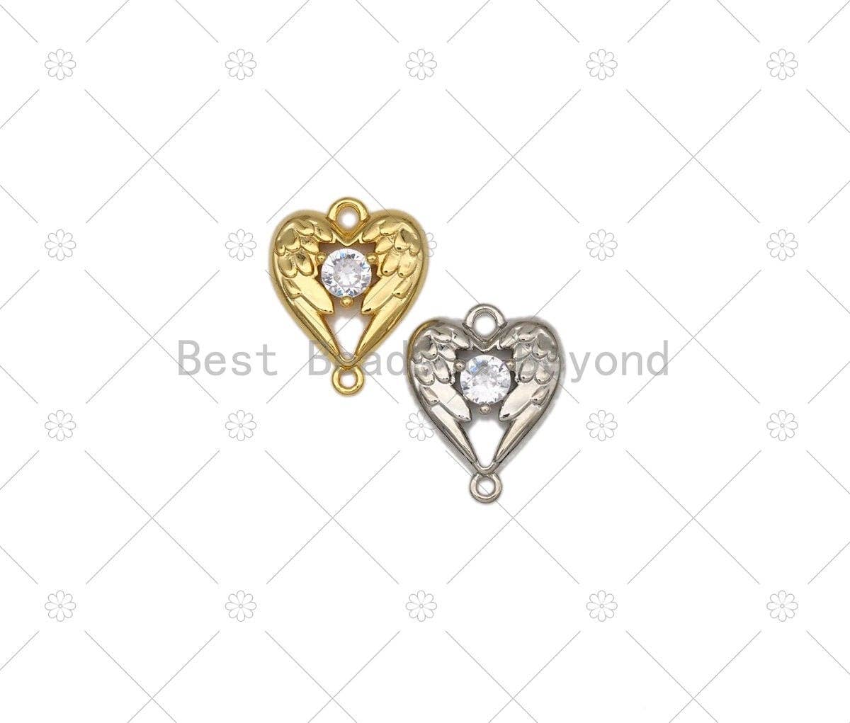 Angel Wing Heart with Big Clear CZ Shape Connector, Gold/Silver Heart Charm,Necklace Bracelet Charm Connector,13x16mm, Sku#Y514